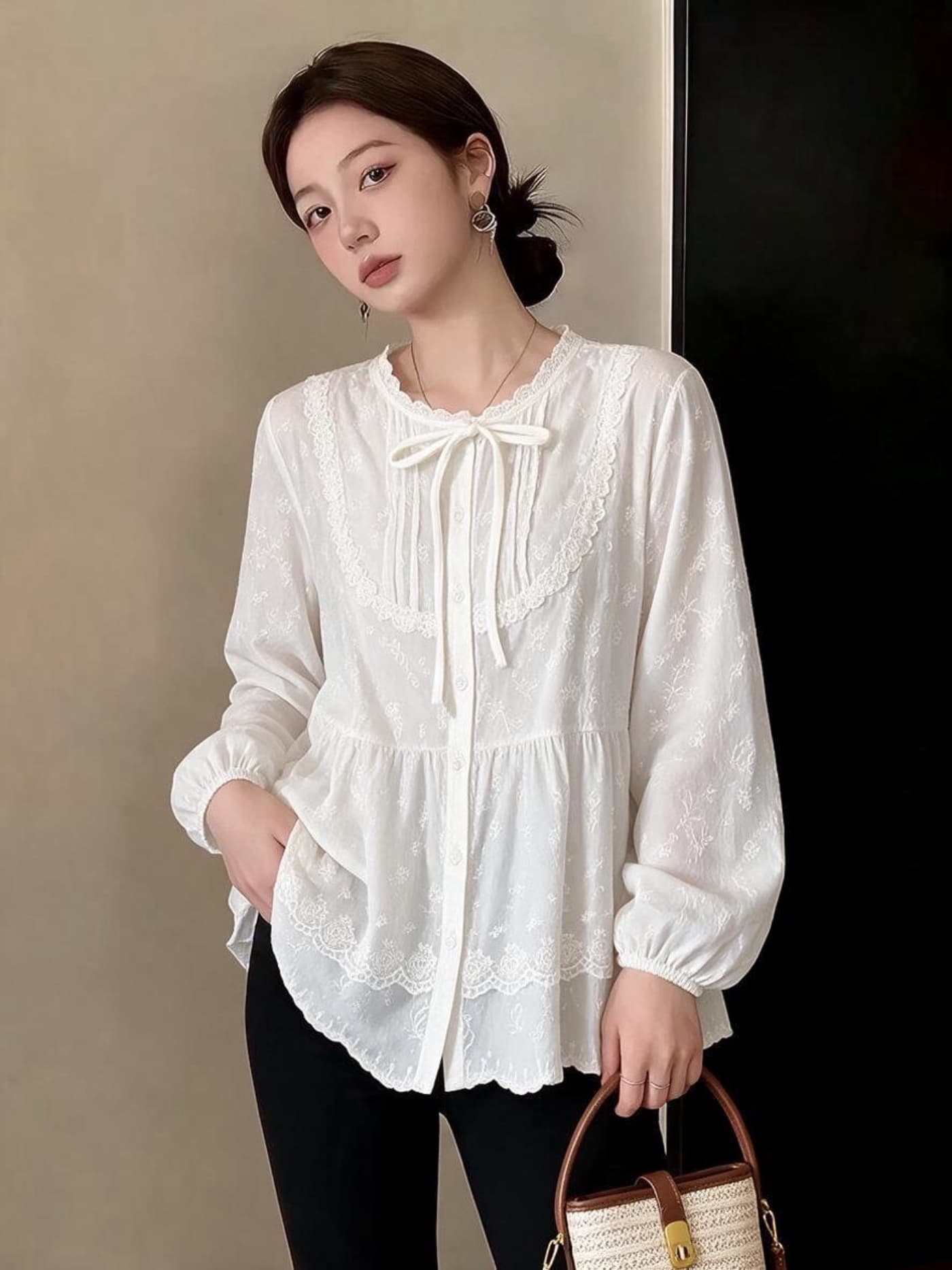 실사 빅 사이즈 여성 의류 한 부서 낭만주의 달콤한 스타일 레이스 조각 자수 자수 셔츠 패션 레이스 셔츠 이미지 3