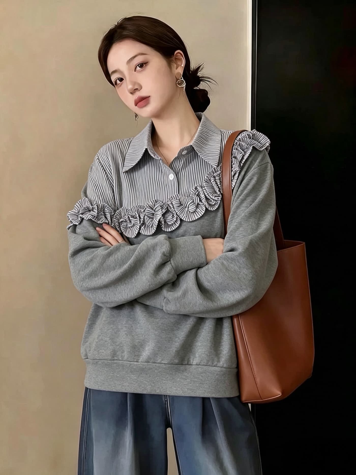 실사 빅 사이즈 여성 패션 프릴 스트라이프 패치워크 페이크 레이어드 후드티 지방 mm 디자인 센스 표지 고기 슬림해 보이는 맨위 이미지 2