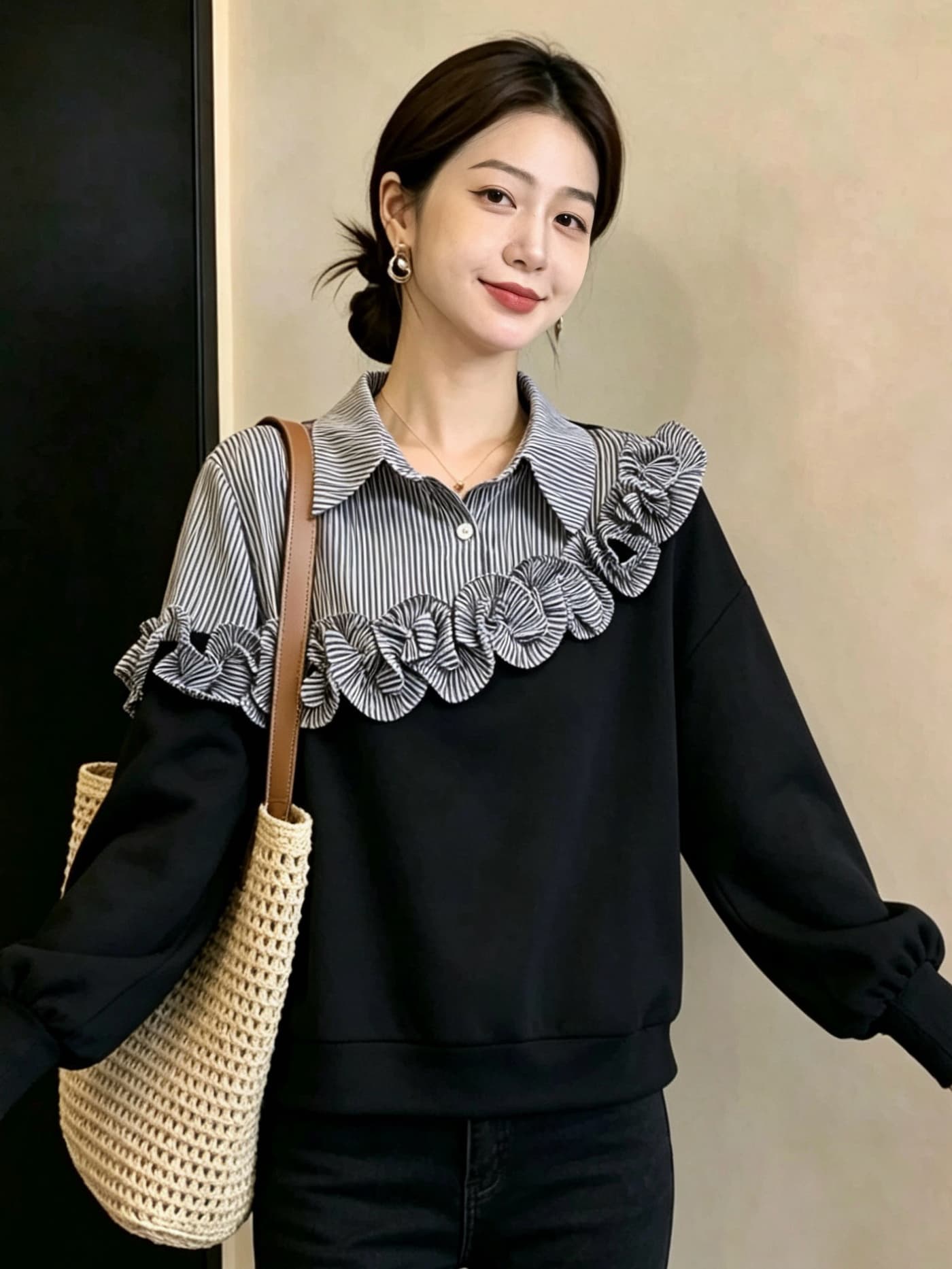 실사 빅 사이즈 여성 패션 프릴 스트라이프 패치워크 페이크 레이어드 후드티 지방 mm 디자인 센스 표지 고기 슬림해 보이는 맨위 이미지 5