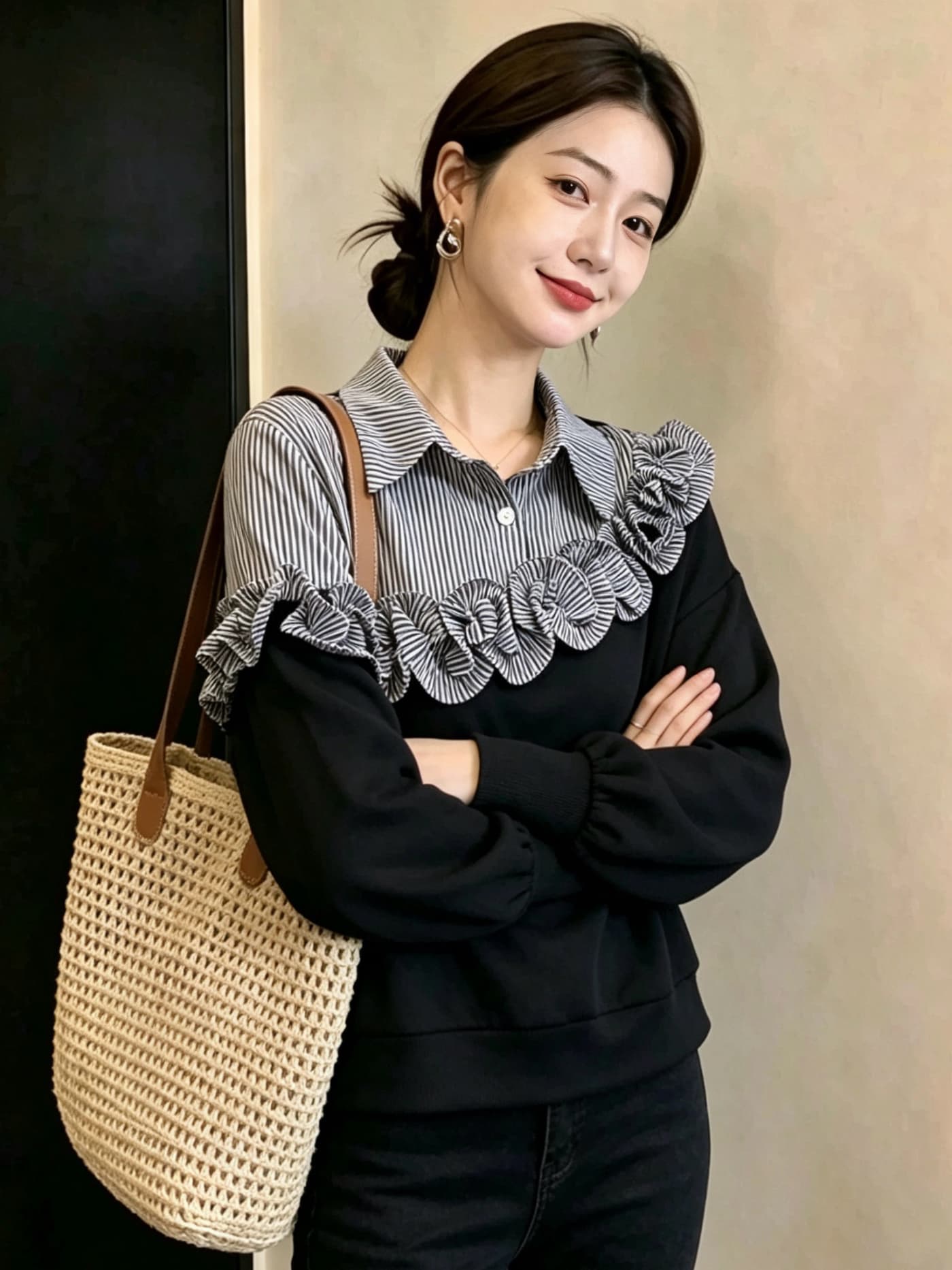 실사 빅 사이즈 여성 패션 프릴 스트라이프 패치워크 페이크 레이어드 후드티 지방 mm 디자인 센스 표지 고기 슬림해 보이는 맨위 상세 이미지 3