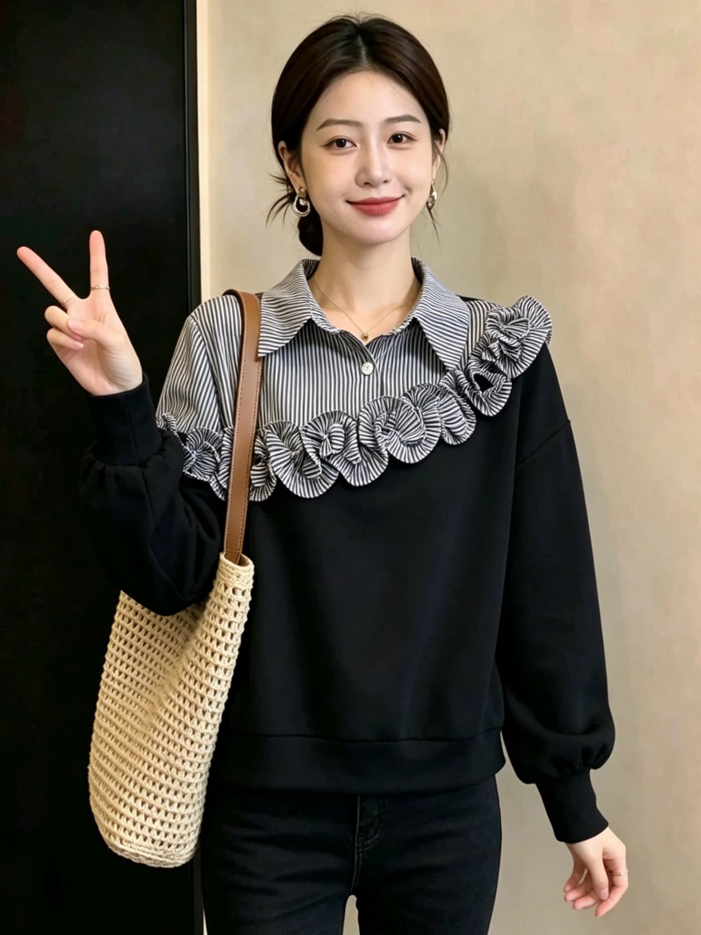 실사 빅 사이즈 여성 패션 프릴 스트라이프 패치워크 페이크 레이어드 후드티 지방 mm 디자인 센스 표지 고기 슬림해 보이는 맨위 상세 이미지 9