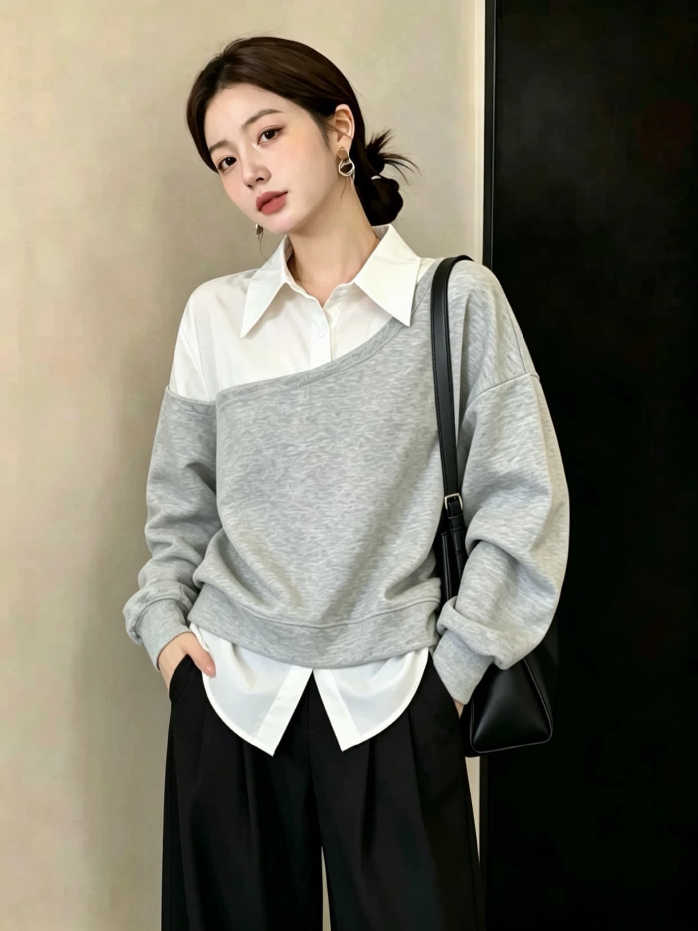 실사 빅 사이즈 여성 의류 고유 한 셔츠 패치워크 단색 긴팔 후드티 지방 mm Chic 페이크 레이어드 맨위 이미지 2