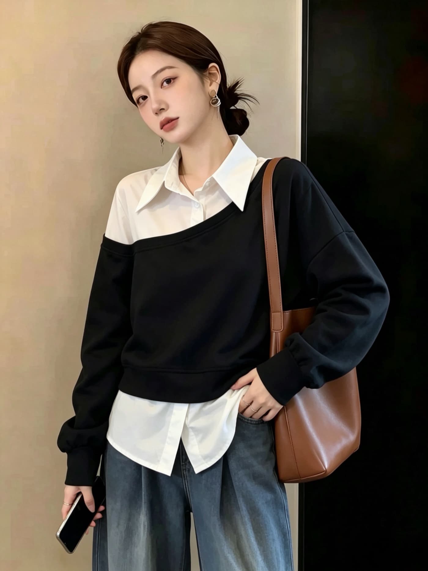 실사 빅 사이즈 여성 의류 고유 한 셔츠 패치워크 단색 긴팔 후드티 지방 mm Chic 페이크 레이어드 맨위 상세 이미지 6