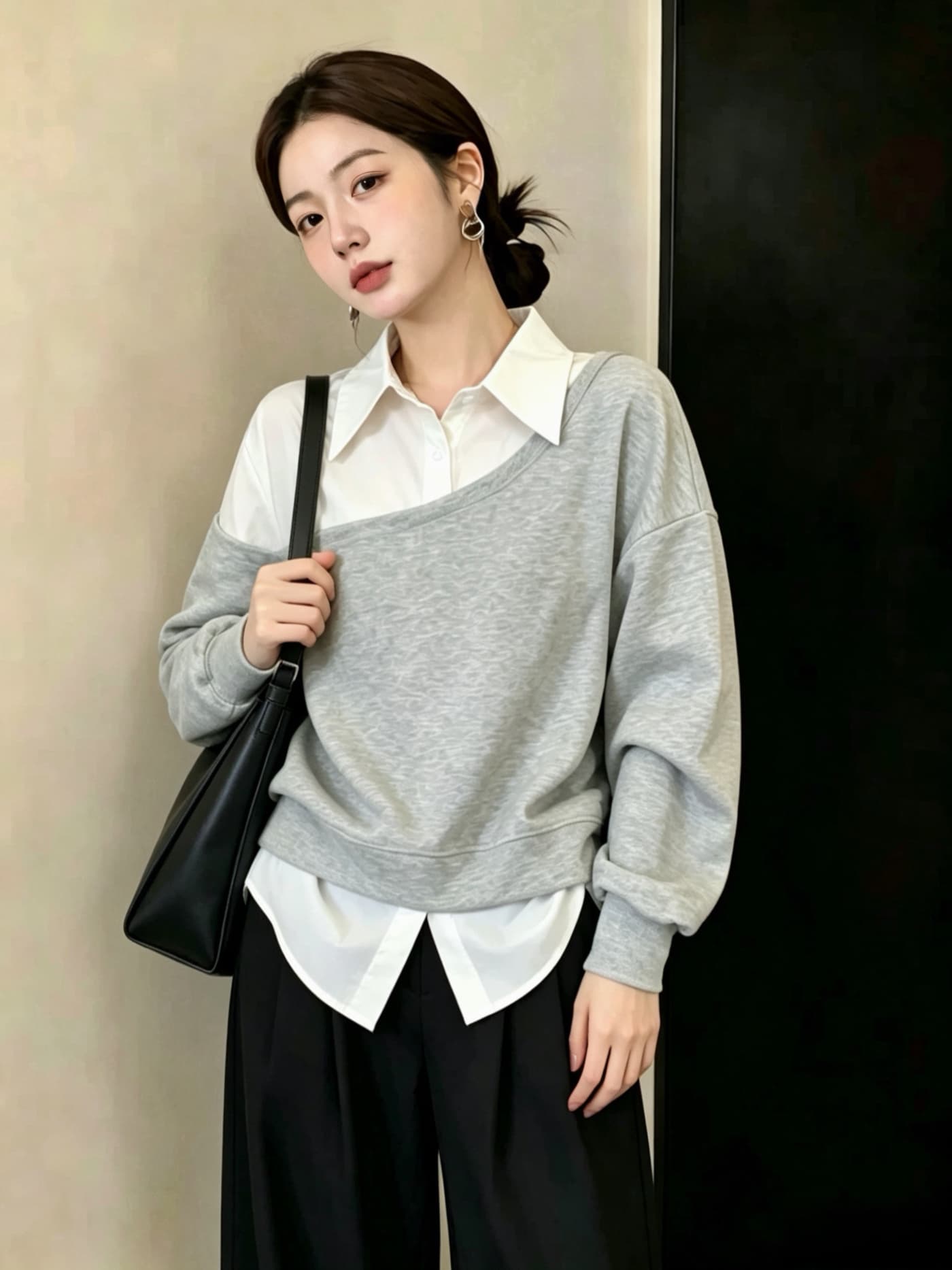 실사 빅 사이즈 여성 의류 고유 한 셔츠 패치워크 단색 긴팔 후드티 지방 mm Chic 페이크 레이어드 맨위 상세 이미지 9