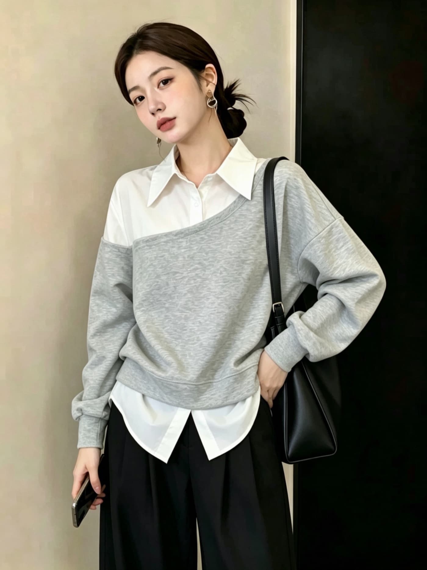 실사 빅 사이즈 여성 의류 고유 한 셔츠 패치워크 단색 긴팔 후드티 지방 mm Chic 페이크 레이어드 맨위 상세 이미지 11