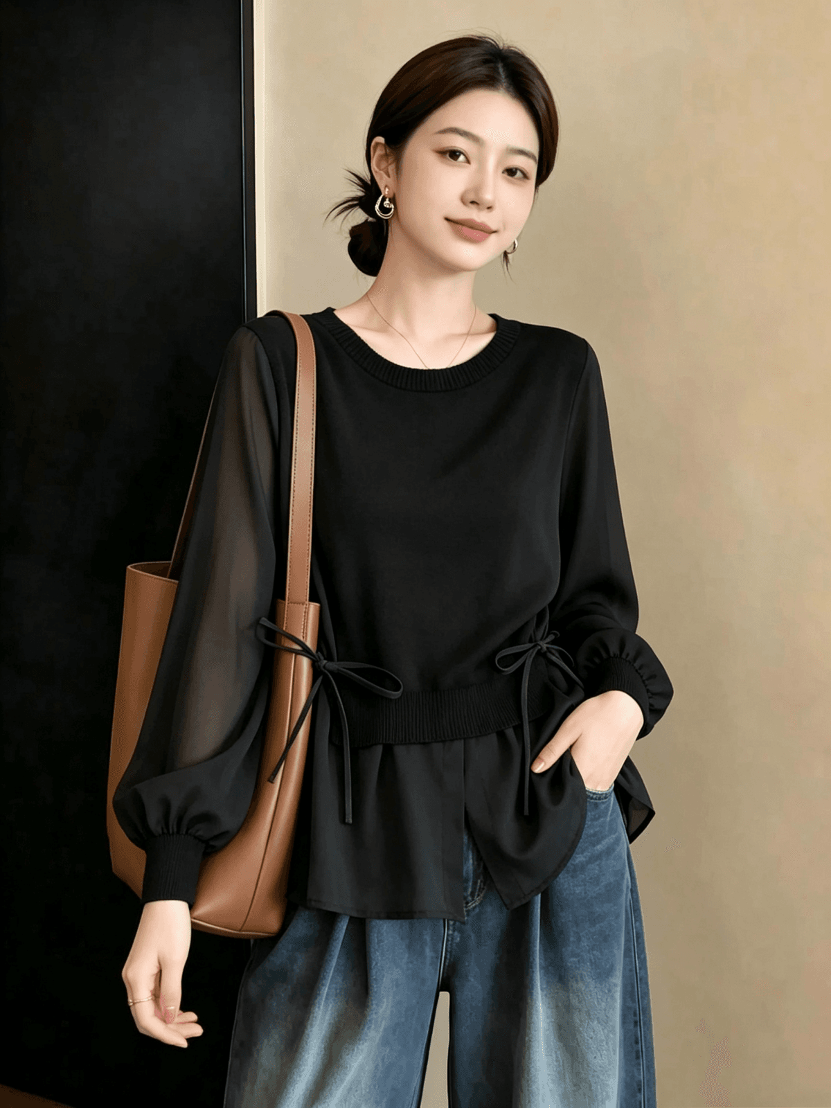 실사 빅 사이즈 여성 의류 가을 새로운 루즈핏 슬림해 보이는 연령 감소 페이크 레이어드 니트 쉬폰 블라우스 한국 스타일 맨위 이미지 5