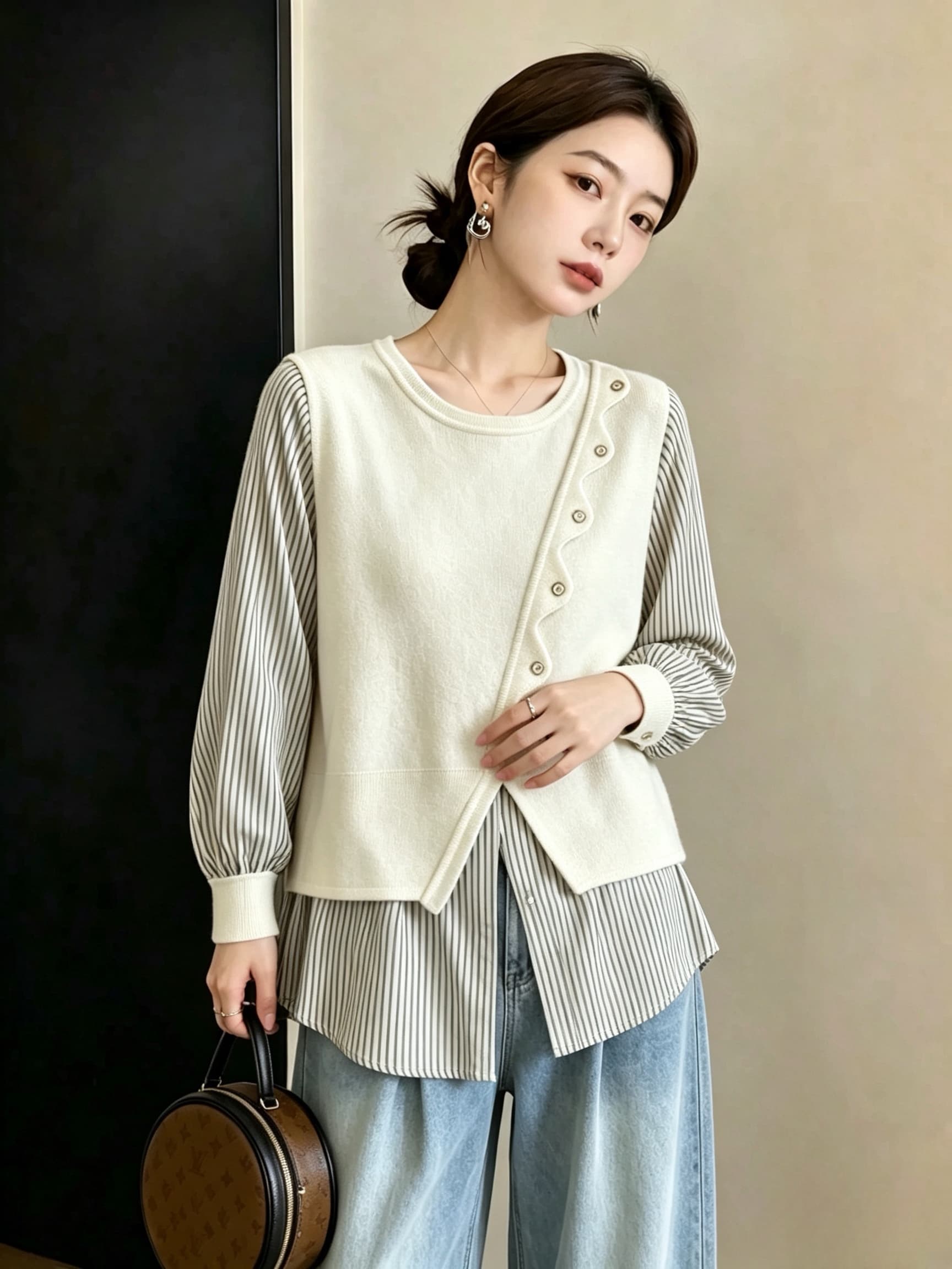 실사 빅 사이즈 새로운 스트라이프 패치워크 페이크 레이어드 셔츠 디자인 센스 작은 대중 루즈핏 슬림해 보이는 긴팔 맨위 상세 이미지 5