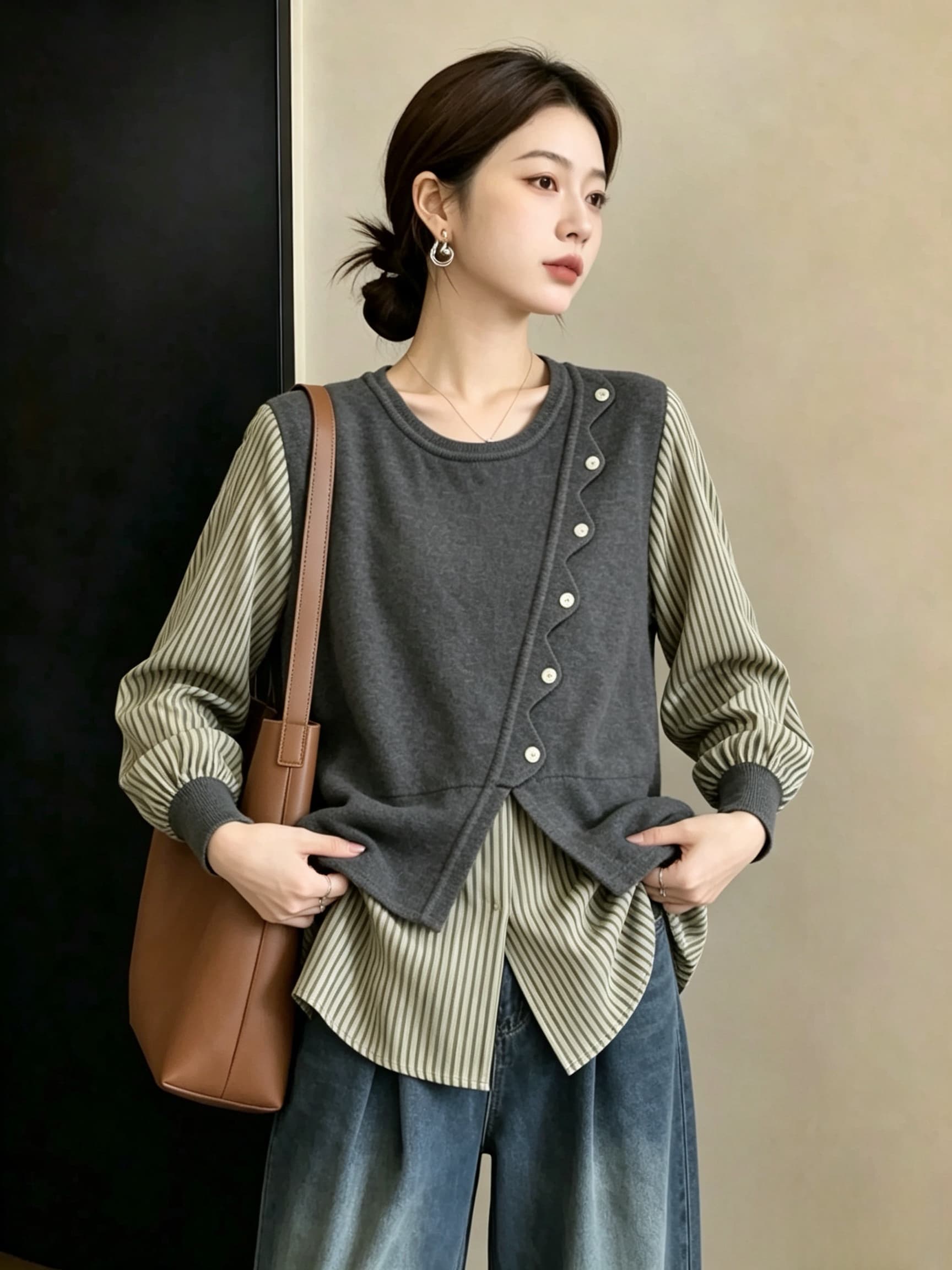 실사 빅 사이즈 새로운 스트라이프 패치워크 페이크 레이어드 셔츠 디자인 센스 작은 대중 루즈핏 슬림해 보이는 긴팔 맨위 상세 이미지 6
