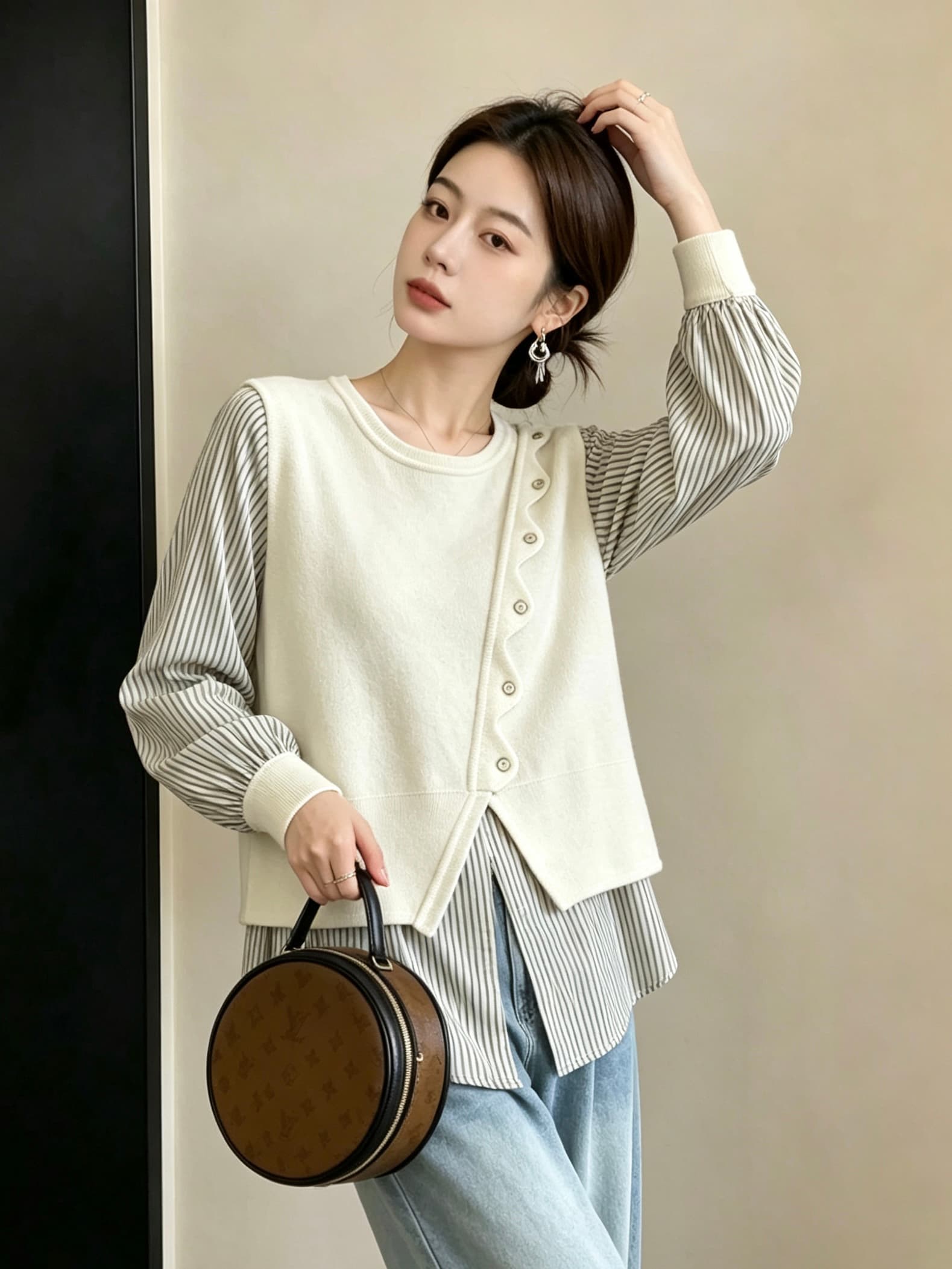실사 빅 사이즈 새로운 스트라이프 패치워크 페이크 레이어드 셔츠 디자인 센스 작은 대중 루즈핏 슬림해 보이는 긴팔 맨위 상세 이미지 10