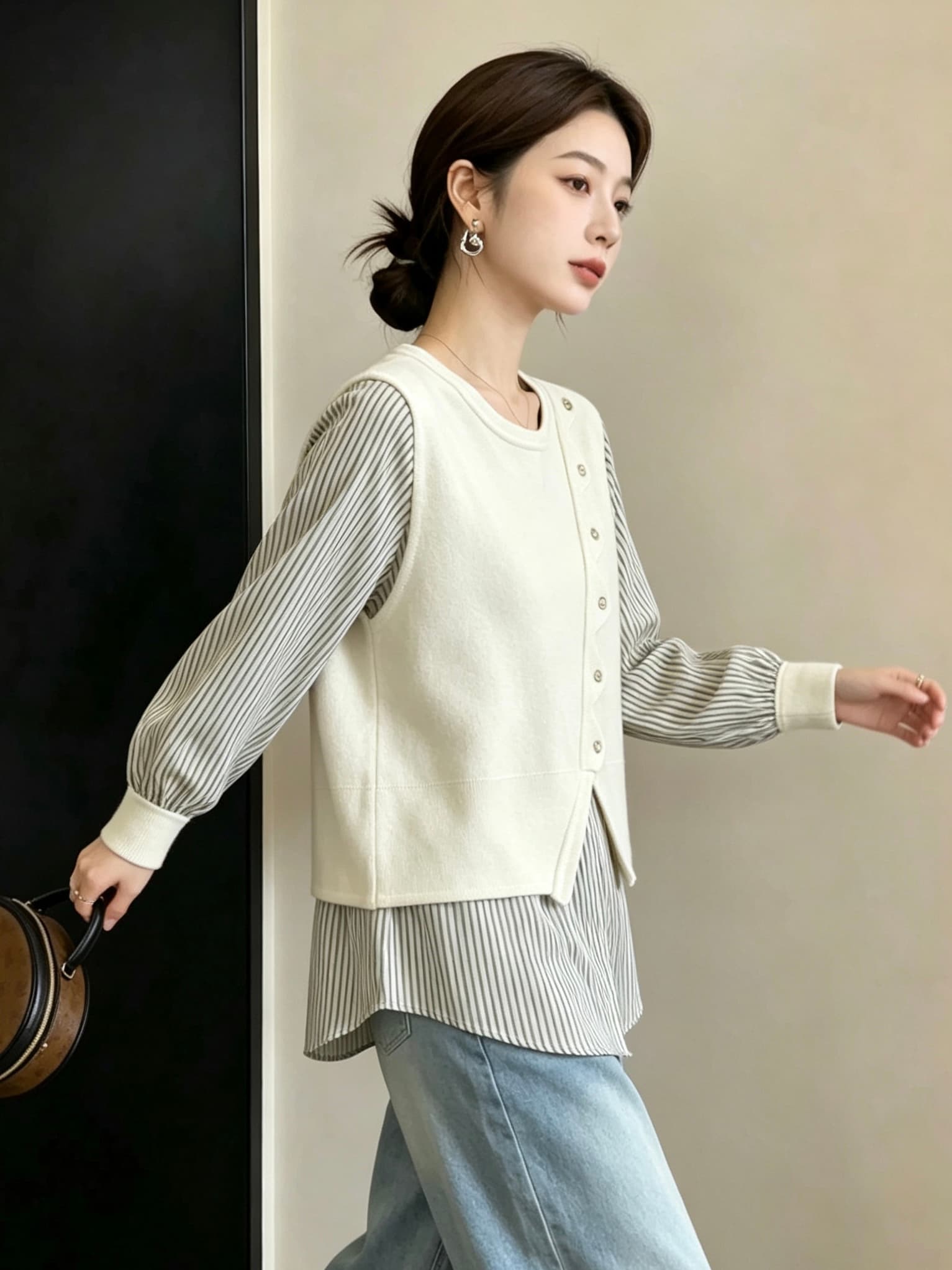 실사 빅 사이즈 새로운 스트라이프 패치워크 페이크 레이어드 셔츠 디자인 센스 작은 대중 루즈핏 슬림해 보이는 긴팔 맨위 상세 이미지 11