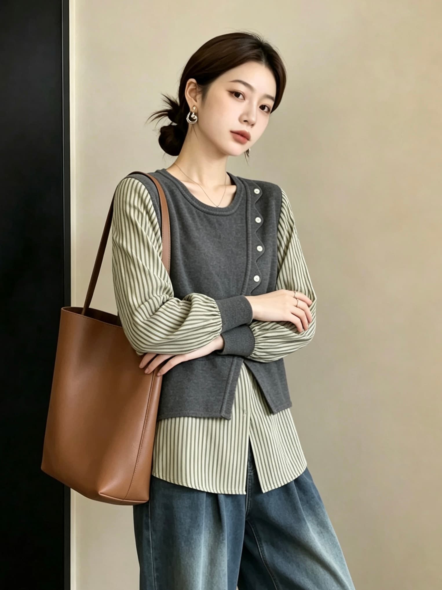 실사 빅 사이즈 새로운 스트라이프 패치워크 페이크 레이어드 셔츠 디자인 센스 작은 대중 루즈핏 슬림해 보이는 긴팔 맨위 상세 이미지 13