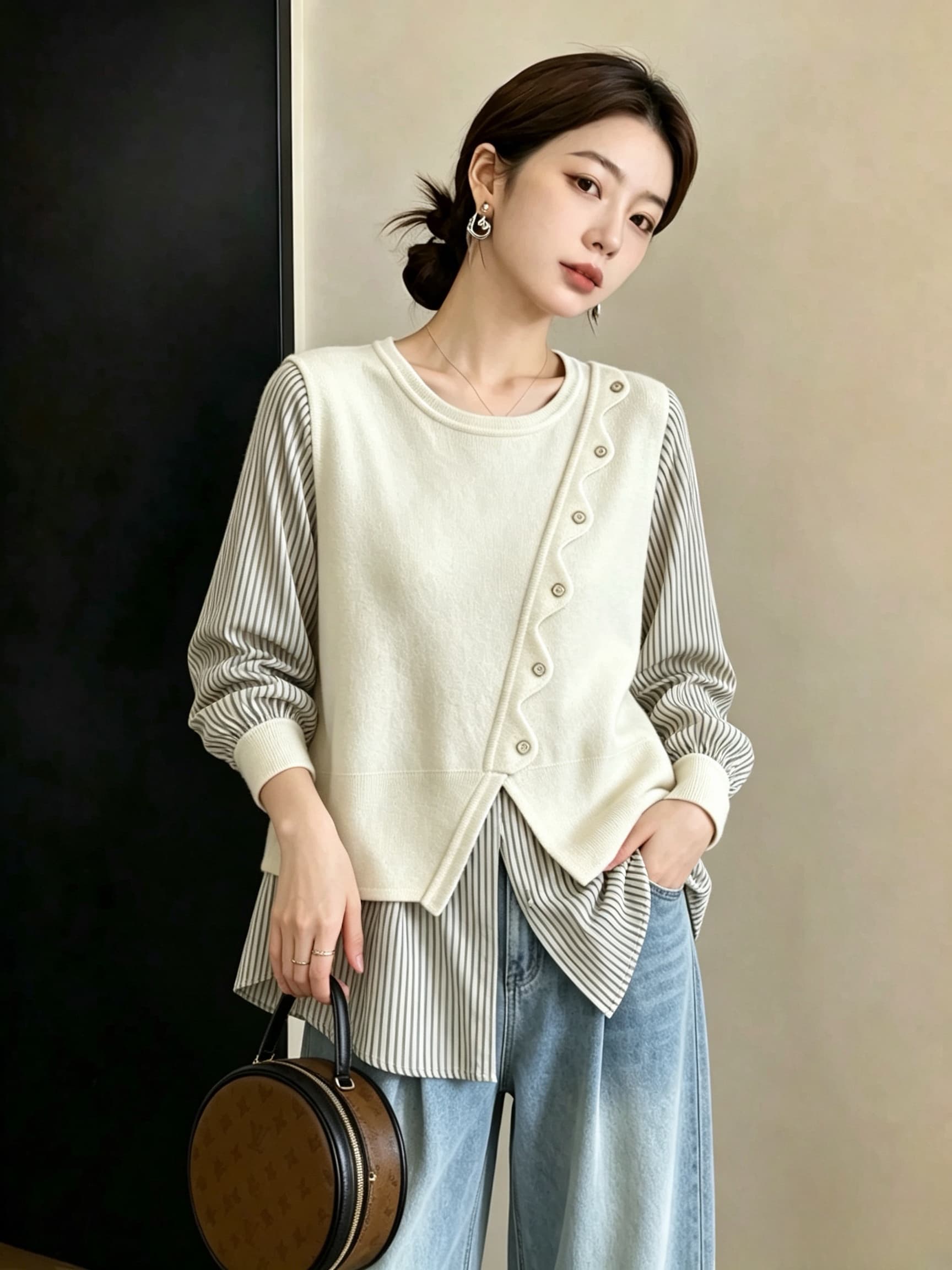 실사 빅 사이즈 새로운 스트라이프 패치워크 페이크 레이어드 셔츠 디자인 센스 작은 대중 루즈핏 슬림해 보이는 긴팔 맨위 상세 이미지 14