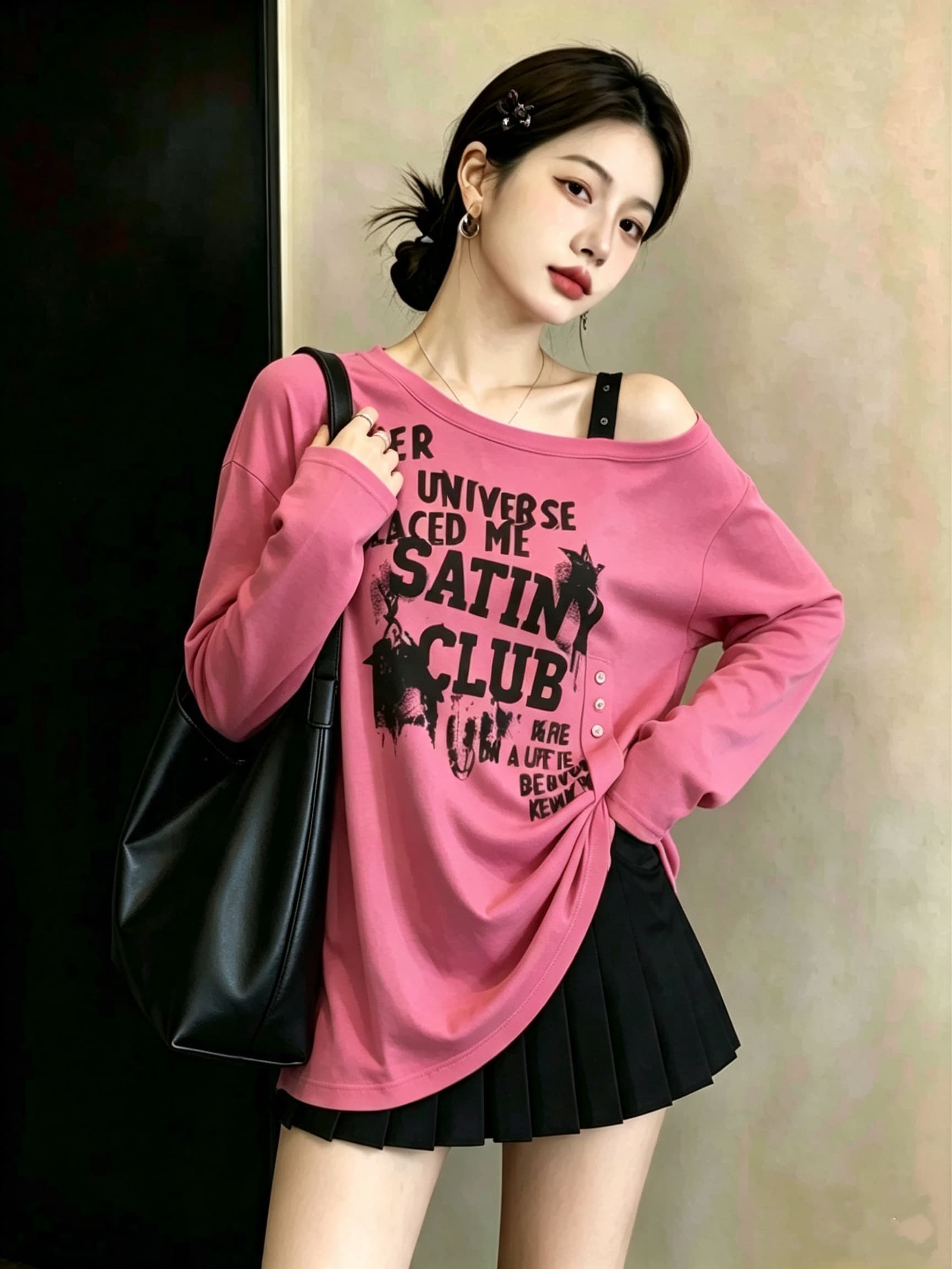 실사 빅 사이즈 여성 의류 가을 새로운 개성 비스듬한 어깨 다용도 알파벳 티셔츠 루즈핏 슬림해 보이는 표지 고기 맨위 이미지 2