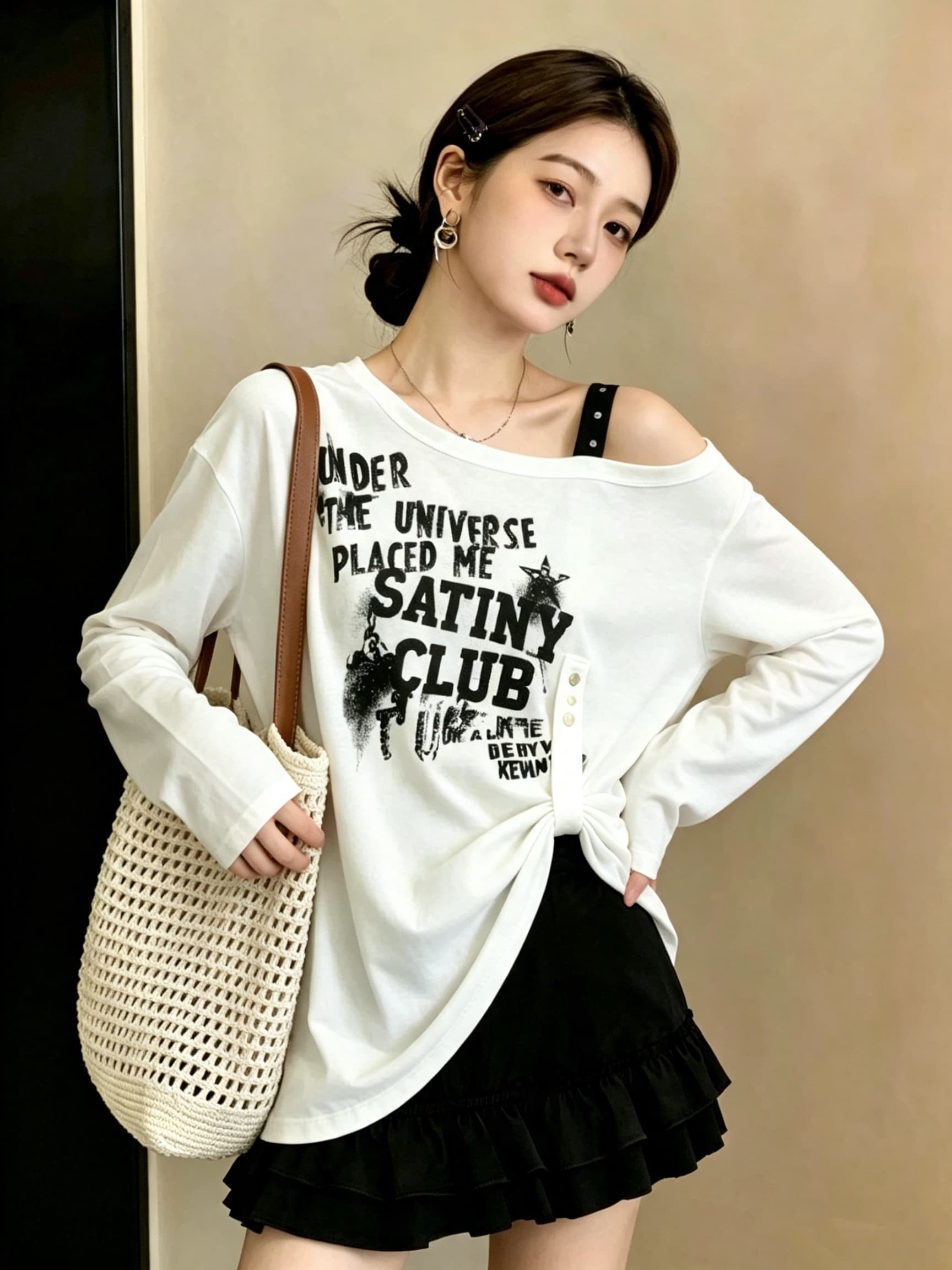 실사 빅 사이즈 여성 의류 가을 새로운 개성 비스듬한 어깨 다용도 알파벳 티셔츠 루즈핏 슬림해 보이는 표지 고기 맨위 이미지 3