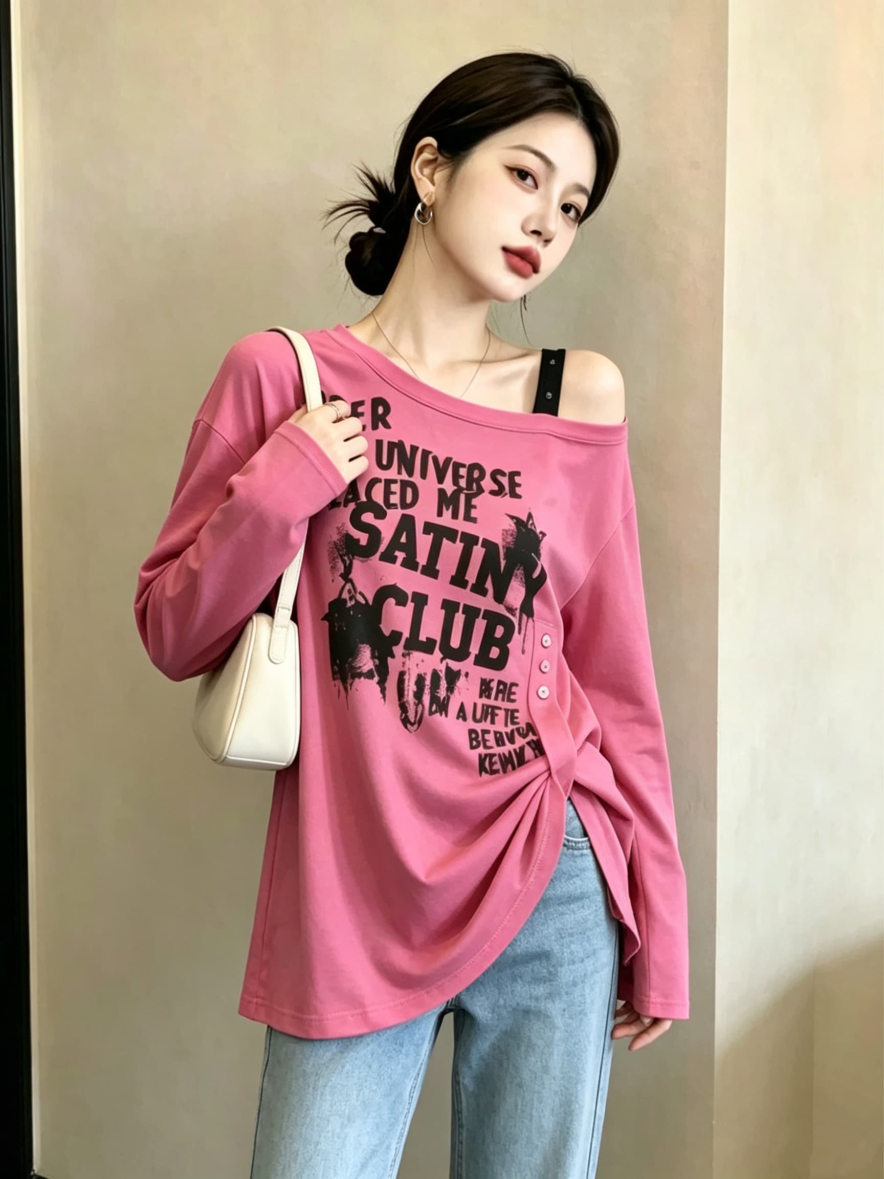 실사 빅 사이즈 여성 의류 가을 새로운 개성 비스듬한 어깨 다용도 알파벳 티셔츠 루즈핏 슬림해 보이는 표지 고기 맨위 상세 이미지 7