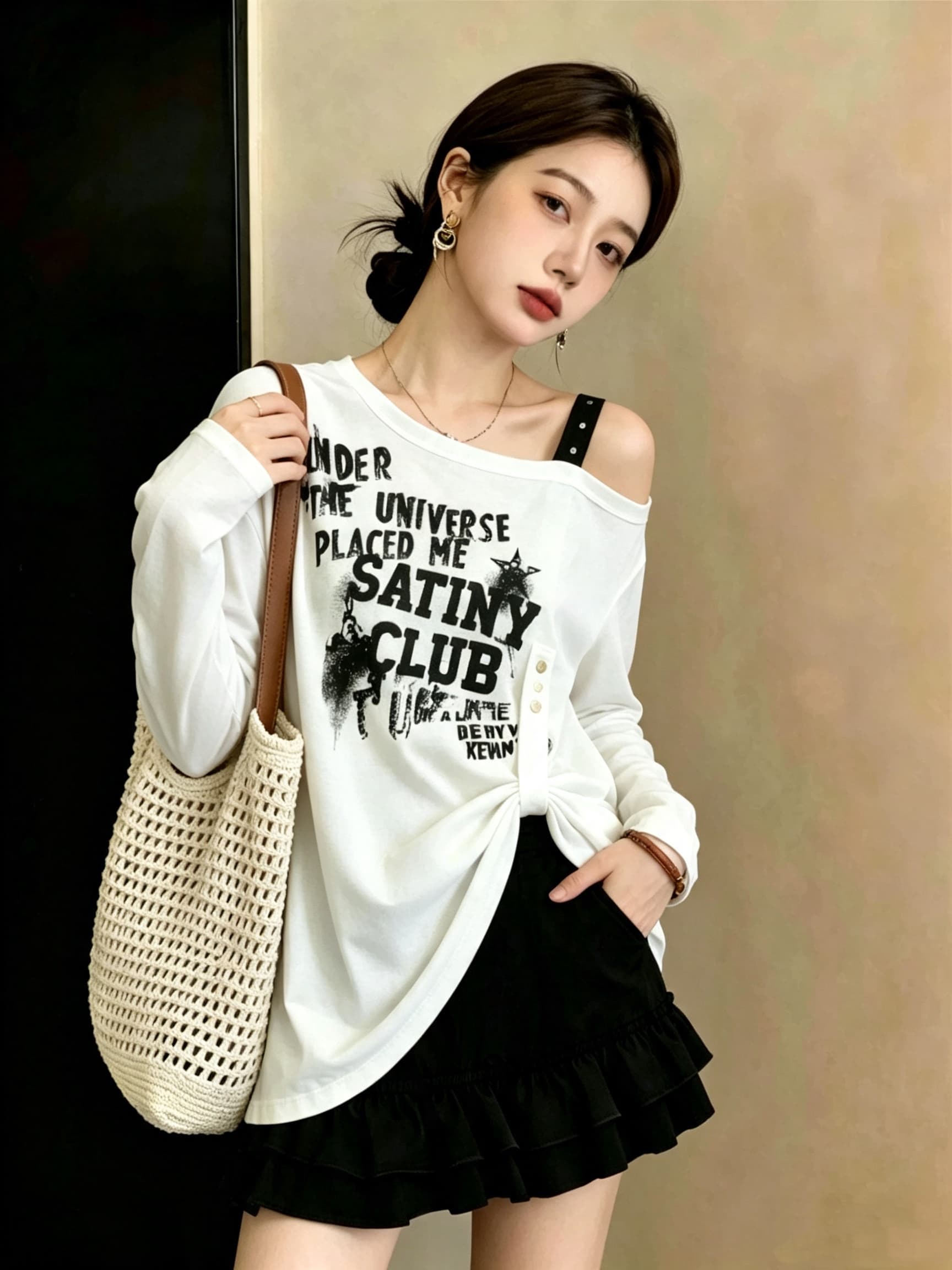 실사 빅 사이즈 여성 의류 가을 새로운 개성 비스듬한 어깨 다용도 알파벳 티셔츠 루즈핏 슬림해 보이는 표지 고기 맨위 상세 이미지 12