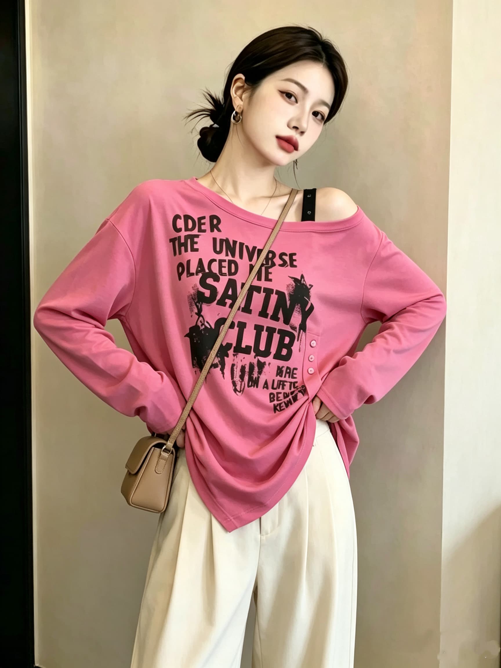 실사 빅 사이즈 여성 의류 가을 새로운 개성 비스듬한 어깨 다용도 알파벳 티셔츠 루즈핏 슬림해 보이는 표지 고기 맨위 상세 이미지 16