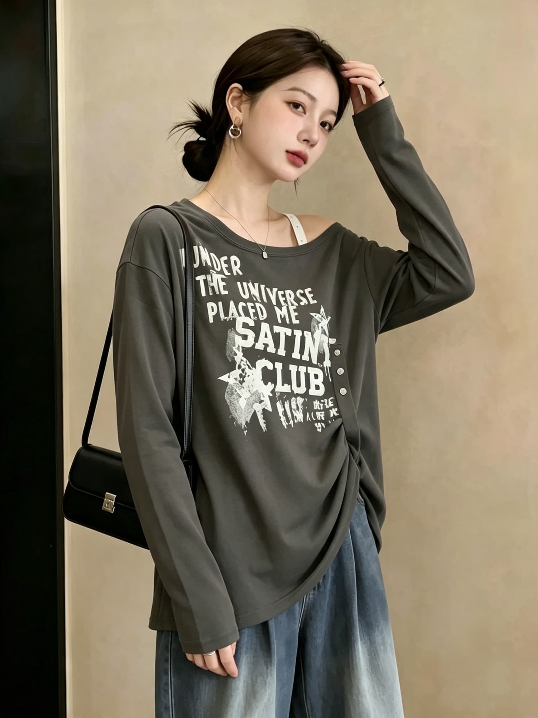실사 빅 사이즈 여성 의류 가을 새로운 개성 비스듬한 어깨 다용도 알파벳 티셔츠 루즈핏 슬림해 보이는 표지 고기 맨위 상세 이미지 22
