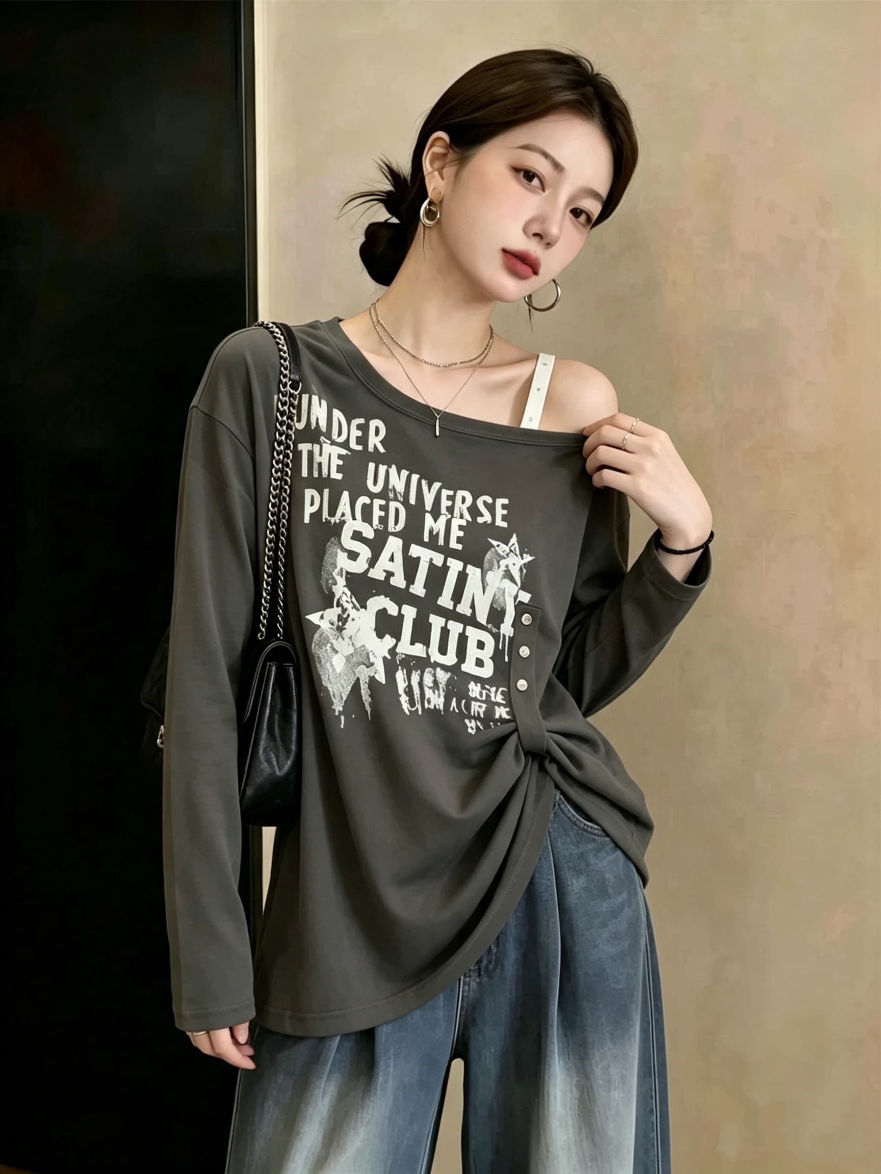 실사 빅 사이즈 여성 의류 가을 새로운 개성 비스듬한 어깨 다용도 알파벳 티셔츠 루즈핏 슬림해 보이는 표지 고기 맨위 상세 이미지 23