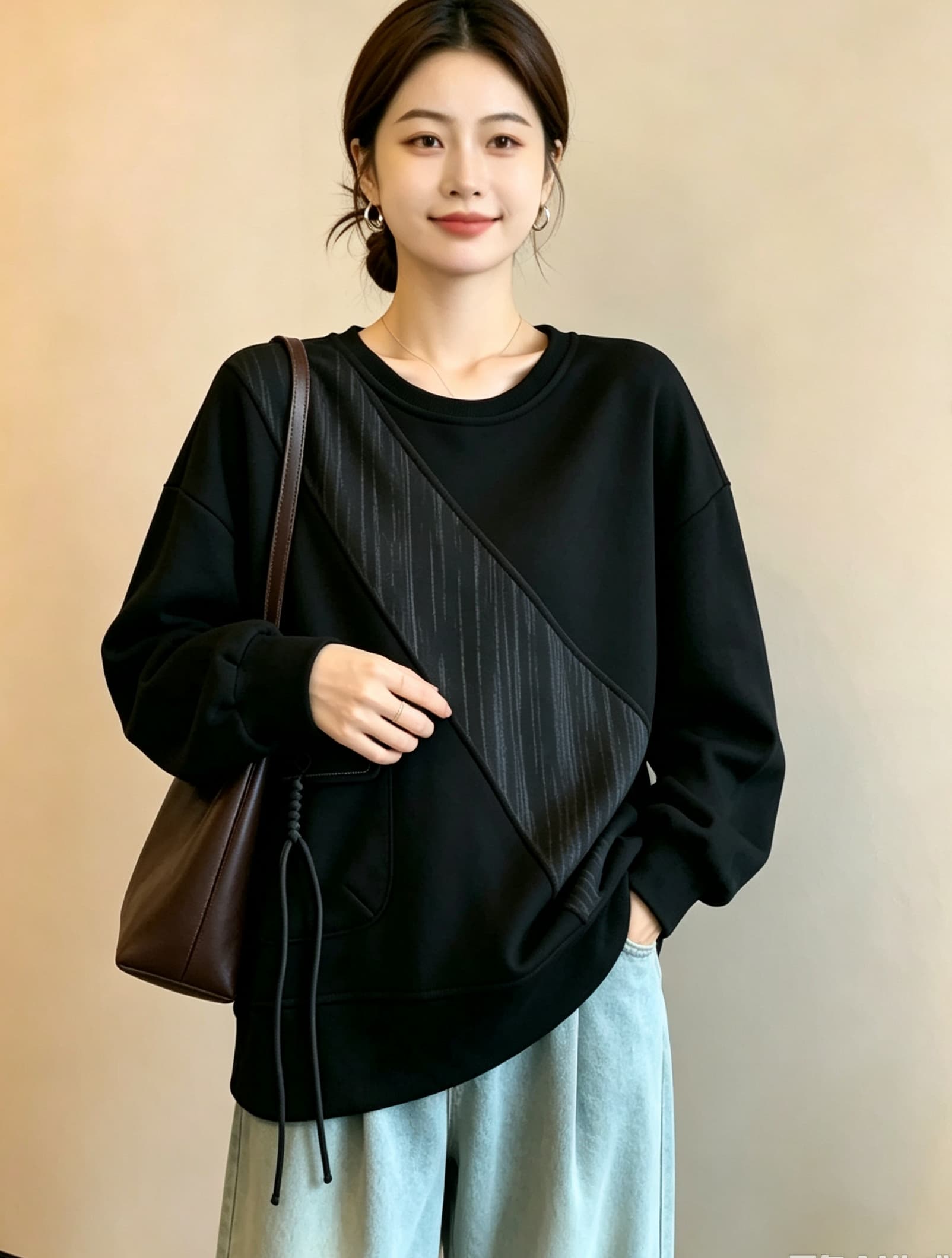 실사 빅 사이즈 가을 의상 새로운 루즈핏 캐주얼 표지 고기 슬림해 보이는 여성 의류 미니멀리즘 다용도 패치워크 긴팔 후드티 맨위 이미지 2