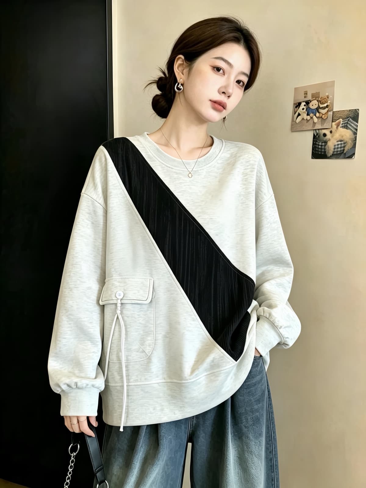 실사 빅 사이즈 가을 의상 새로운 루즈핏 캐주얼 표지 고기 슬림해 보이는 여성 의류 미니멀리즘 다용도 패치워크 긴팔 후드티 맨위 상세 이미지 3