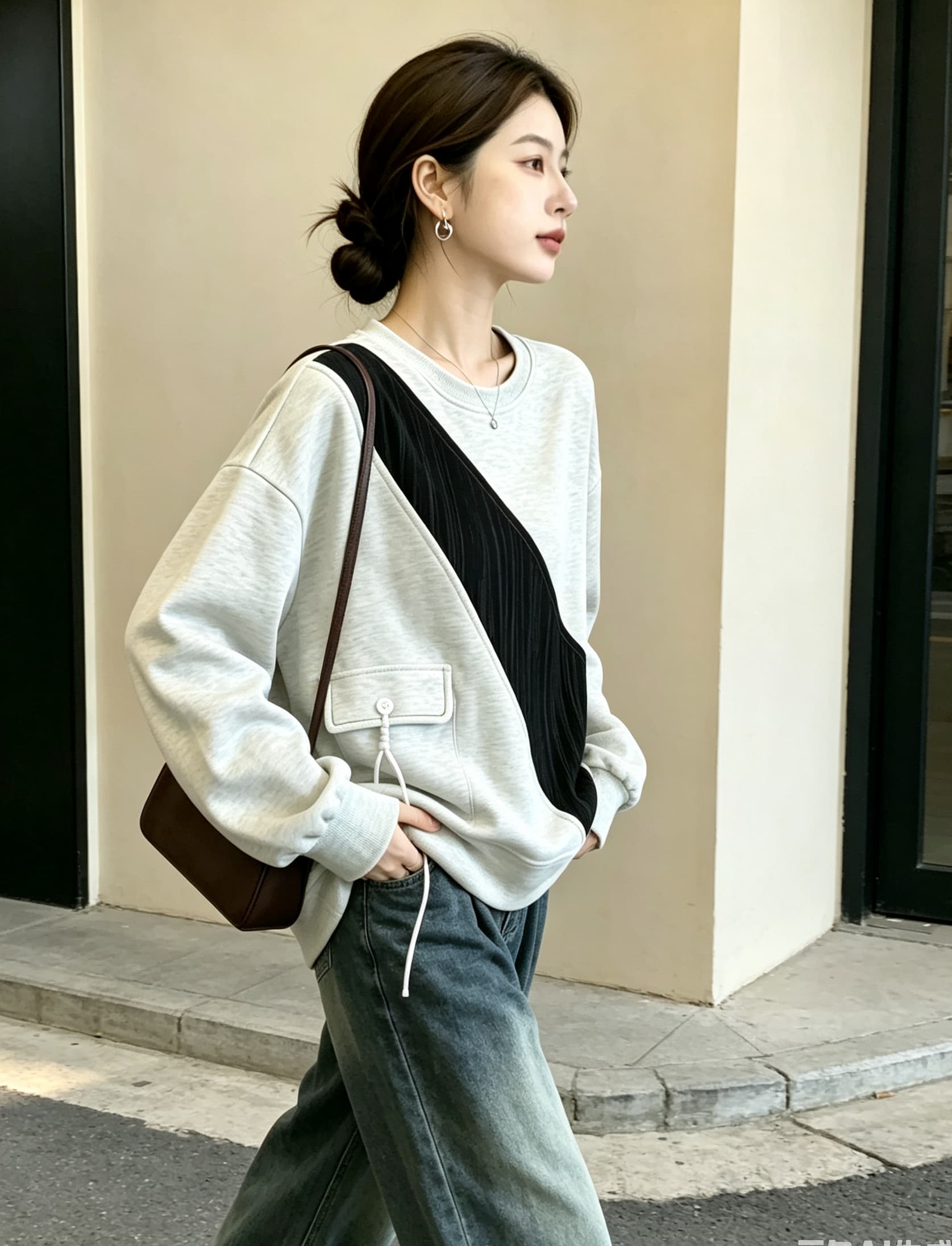 실사 빅 사이즈 가을 의상 새로운 루즈핏 캐주얼 표지 고기 슬림해 보이는 여성 의류 미니멀리즘 다용도 패치워크 긴팔 후드티 맨위 상세 이미지 6