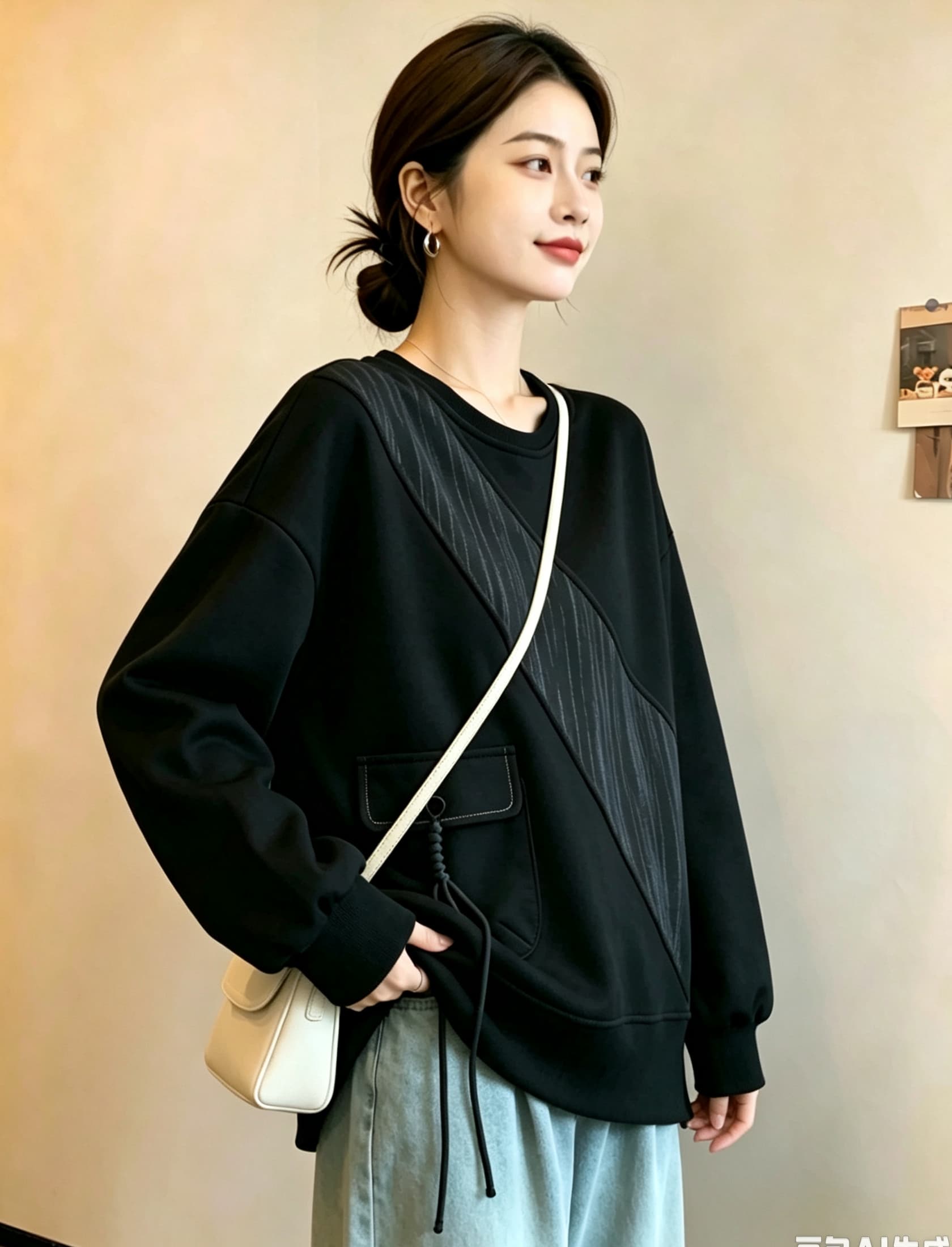 실사 빅 사이즈 가을 의상 새로운 루즈핏 캐주얼 표지 고기 슬림해 보이는 여성 의류 미니멀리즘 다용도 패치워크 긴팔 후드티 맨위 상세 이미지 7