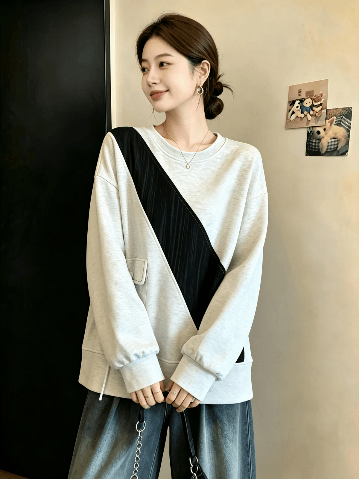 실사 빅 사이즈 가을 의상 새로운 루즈핏 캐주얼 표지 고기 슬림해 보이는 여성 의류 미니멀리즘 다용도 패치워크 긴팔 후드티 맨위 상세 이미지 11