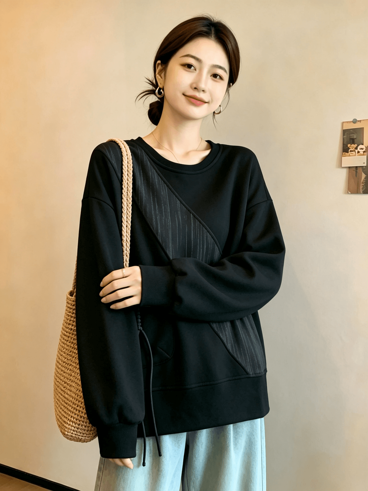 실사 빅 사이즈 가을 의상 새로운 루즈핏 캐주얼 표지 고기 슬림해 보이는 여성 의류 미니멀리즘 다용도 패치워크 긴팔 후드티 맨위 상세 이미지 13