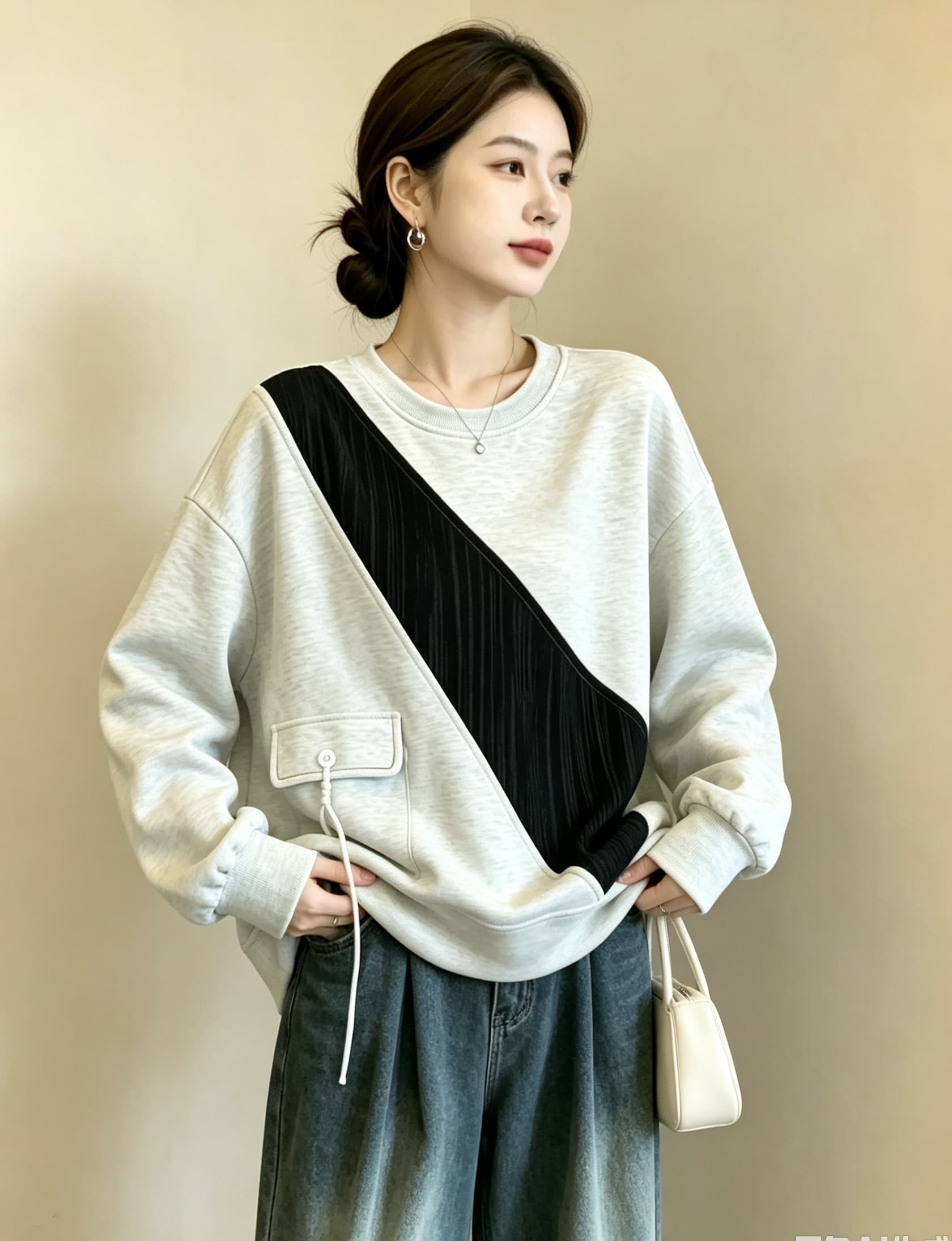 실사 빅 사이즈 가을 의상 새로운 루즈핏 캐주얼 표지 고기 슬림해 보이는 여성 의류 미니멀리즘 다용도 패치워크 긴팔 후드티 맨위 상세 이미지 17