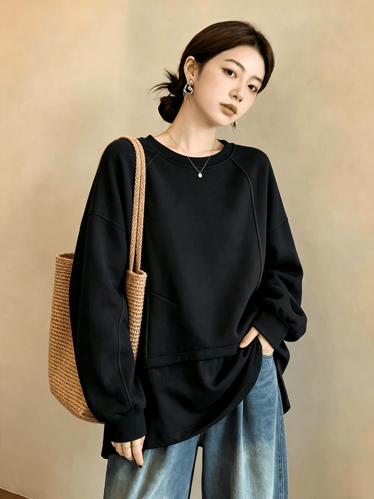 실사 빅 사이즈 여성 가을 겨울 새로운 디자인 센스 배색 패치워크 밑단 펌프 로프 루즈핏 캐주얼 다용도 후드티 티셔츠 이미지 3