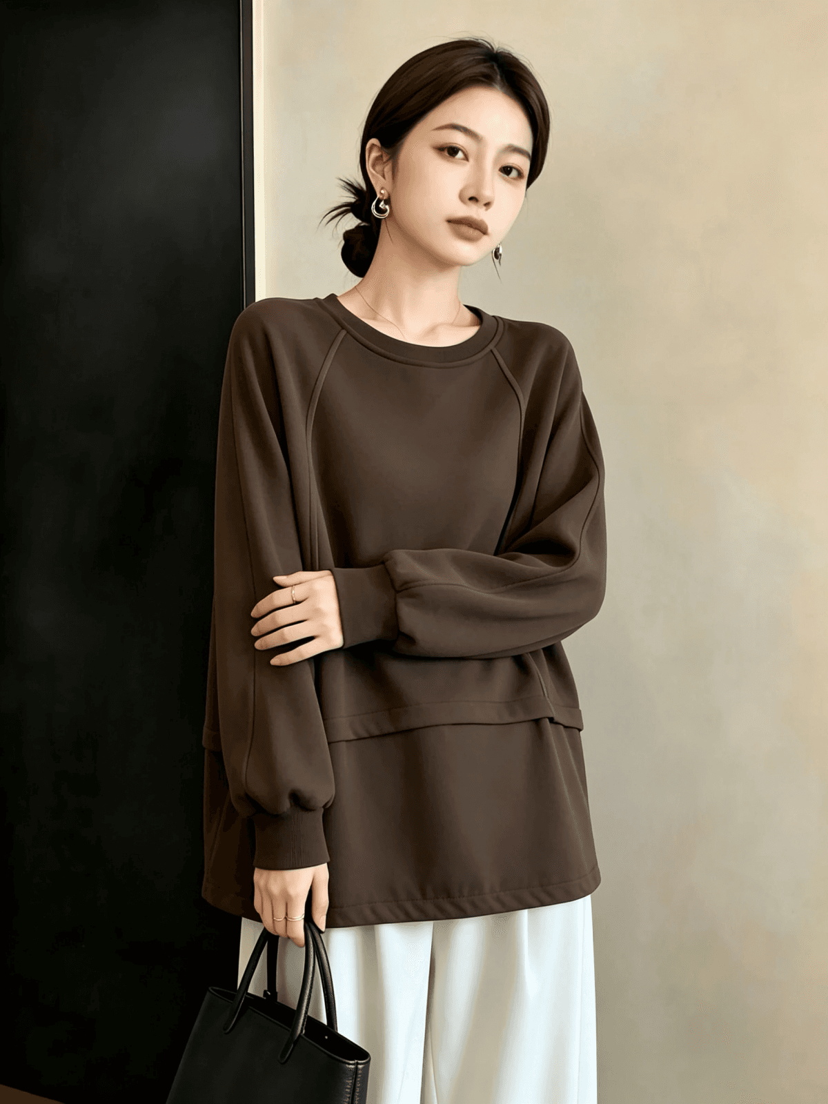 실사 빅 사이즈 여성 가을 겨울 새로운 디자인 센스 배색 패치워크 밑단 펌프 로프 루즈핏 캐주얼 다용도 후드티 티셔츠 상세 이미지 5