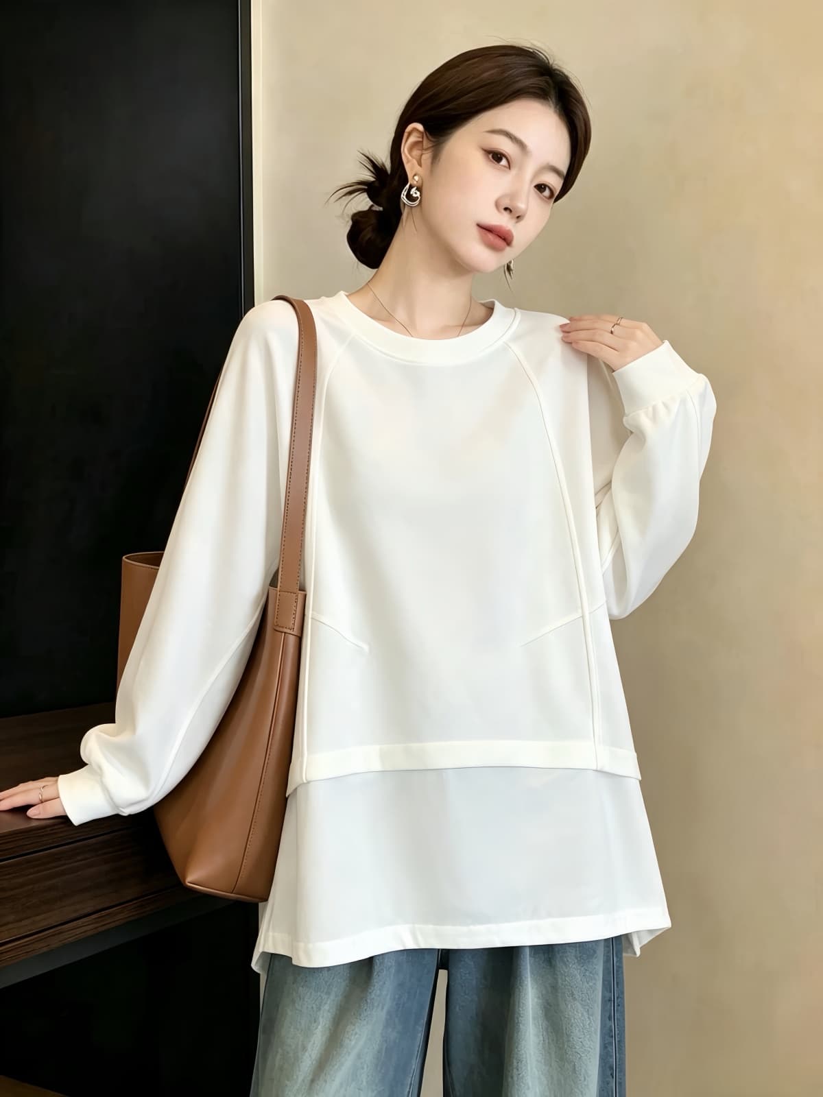 실사 빅 사이즈 여성 가을 겨울 새로운 디자인 센스 배색 패치워크 밑단 펌프 로프 루즈핏 캐주얼 다용도 후드티 티셔츠 상세 이미지 6