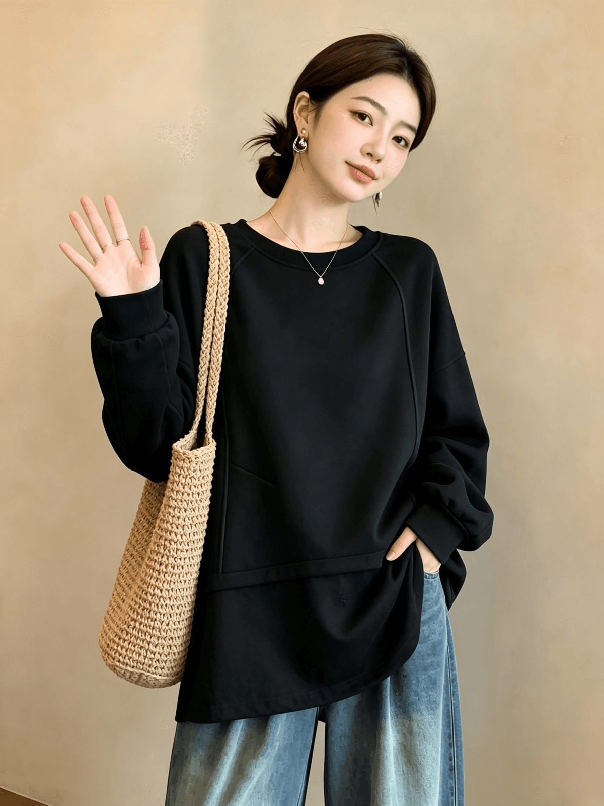 실사 빅 사이즈 여성 가을 겨울 새로운 디자인 센스 배색 패치워크 밑단 펌프 로프 루즈핏 캐주얼 다용도 후드티 티셔츠 상세 이미지 12