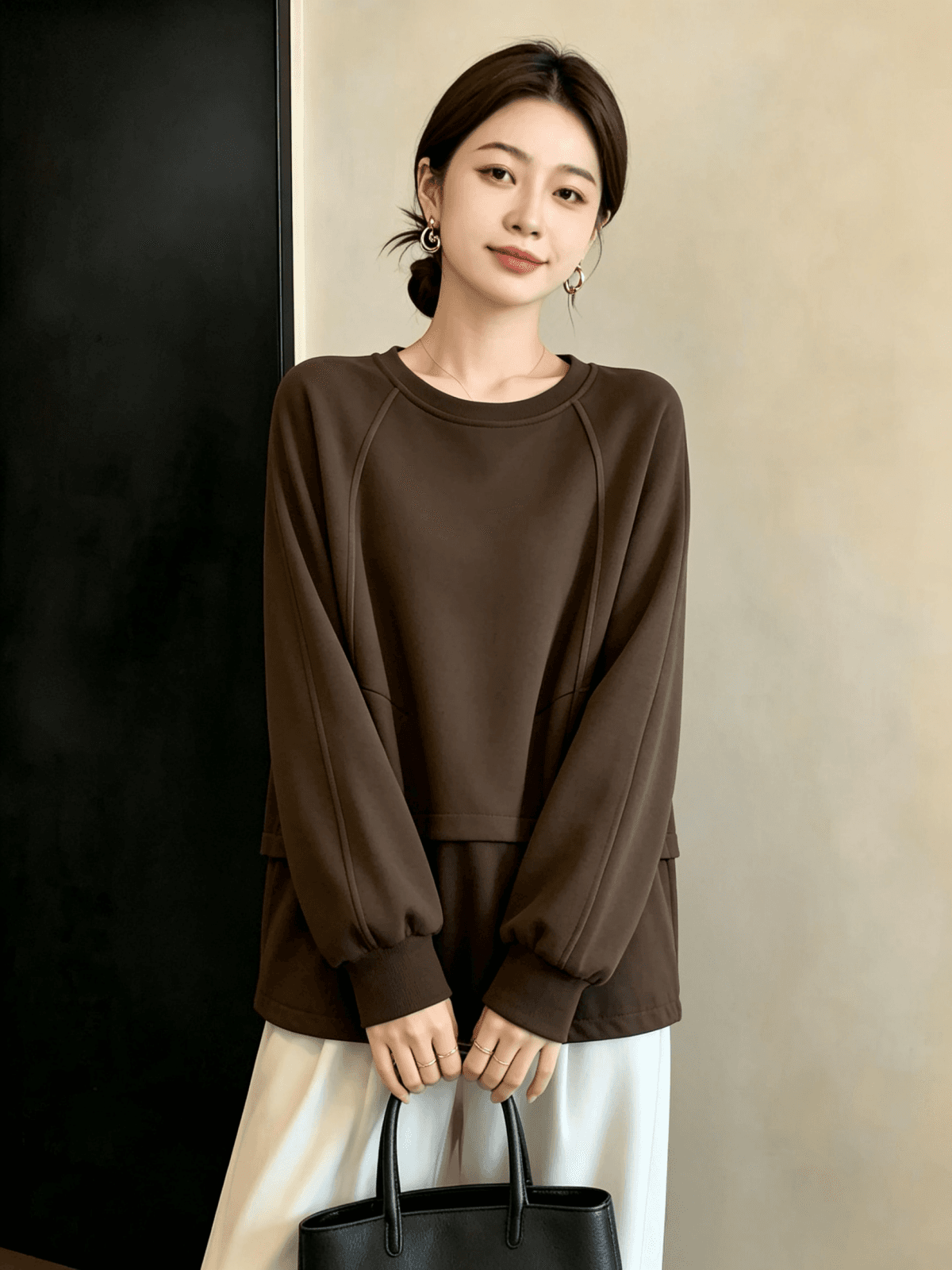 실사 빅 사이즈 여성 가을 겨울 새로운 디자인 센스 배색 패치워크 밑단 펌프 로프 루즈핏 캐주얼 다용도 후드티 티셔츠 상세 이미지 15