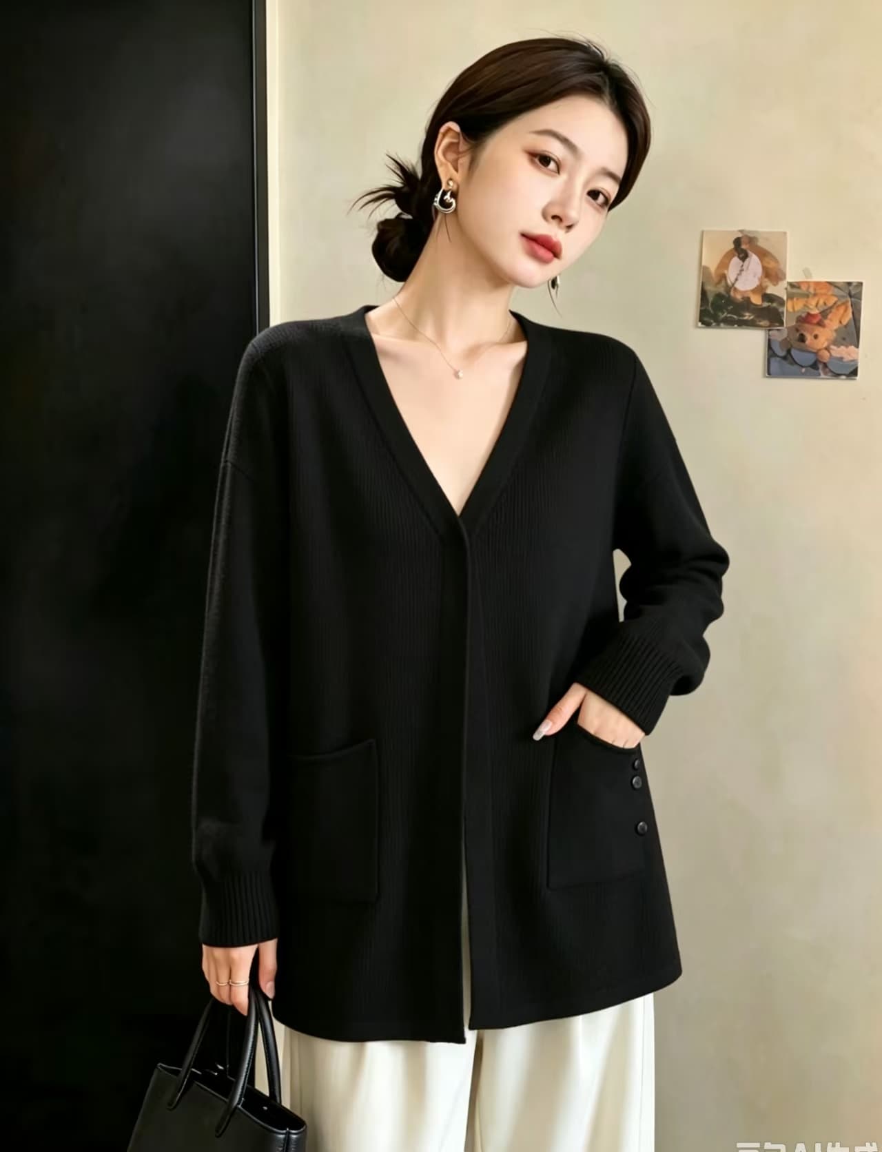 실사 빅 사이즈 여성 의류 새로운 루즈핏 단색 스웨터 코트 미니멀리즘 다용도 여성 외부 가져 가라. 숄 니트 재킷 이미지 5