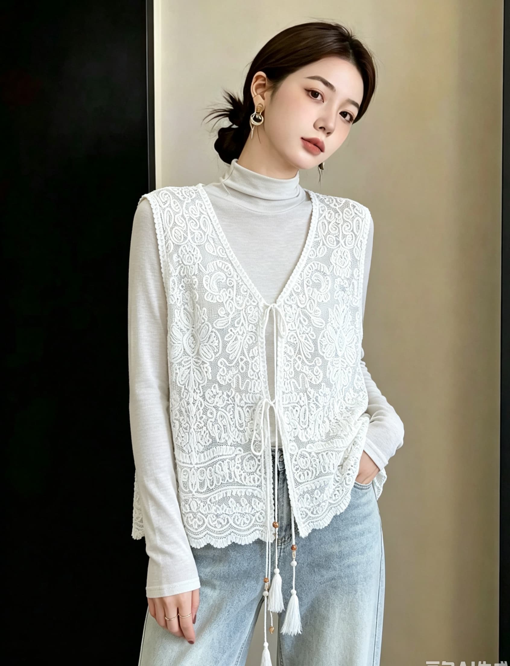실사 빅 사이즈 가을 새로운 루즈핏 슬림해 보이는 프랑스식 고급 센스 단색 베스트 오픈 가디건 조끼 민소매 맨위 상세 이미지 3