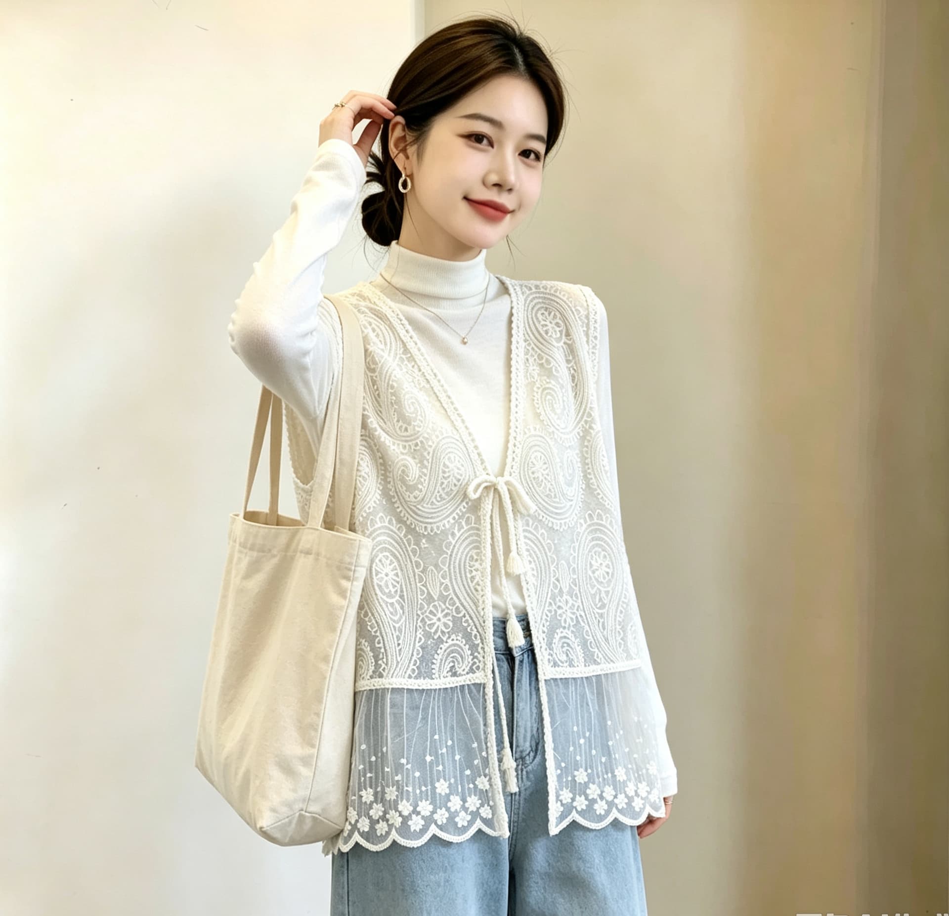 실사 빅 사이즈 여성 의류 한국 스타일 디자인 센스 프랑스식 레이스 자카드 보헤미안 다용도 오픈 가디건 베스트 맨위 이미지 2