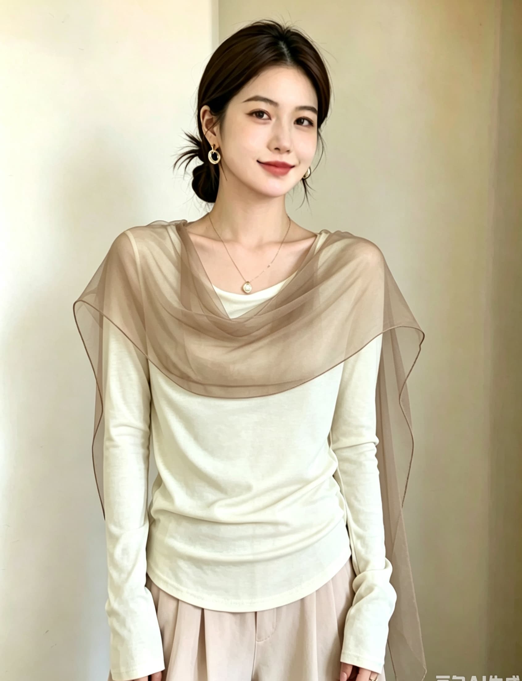 실사 빅 사이즈 프랑스식 오프숄더 흔들다 칼라 긴팔 니트 기본 셔츠 고급 센스 품격 Tulle 패치워크 맨위 상세 이미지 3