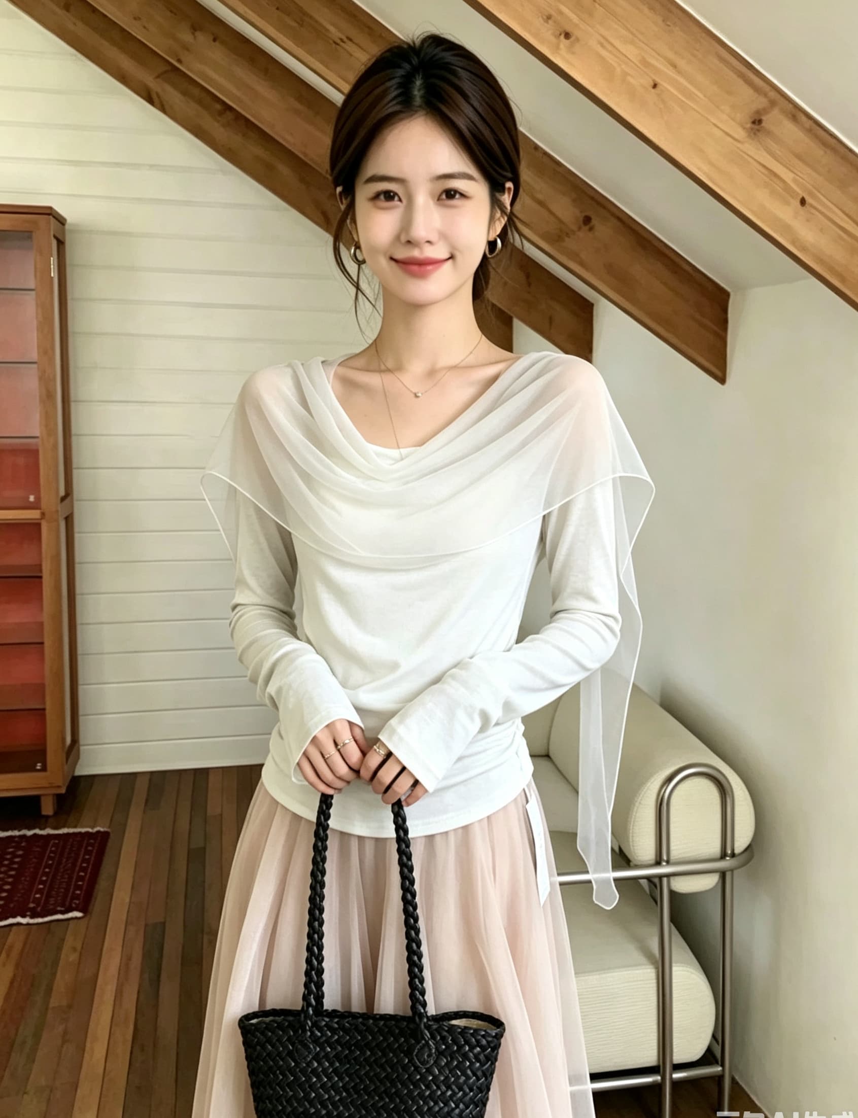실사 빅 사이즈 프랑스식 오프숄더 흔들다 칼라 긴팔 니트 기본 셔츠 고급 센스 품격 Tulle 패치워크 맨위 상세 이미지 12