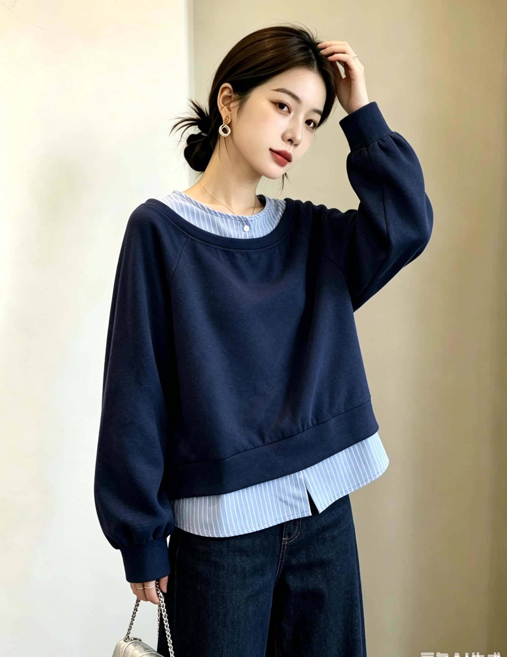 실사 빅 사이즈 가을 새로운 한국 스타일 디자인 센스 페이크 레이어드 고급 센스 다용도 캐주얼 풀오버 티셔츠 후드티 이미지 4