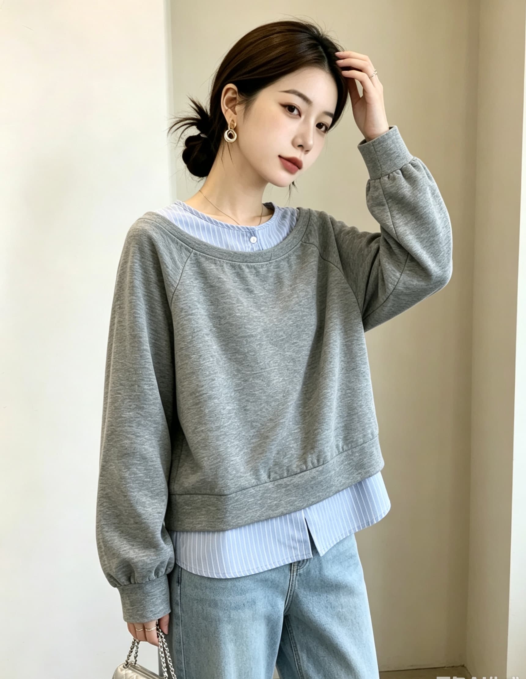 실사 빅 사이즈 가을 새로운 한국 스타일 디자인 센스 페이크 레이어드 고급 센스 다용도 캐주얼 풀오버 티셔츠 후드티 상세 이미지 14