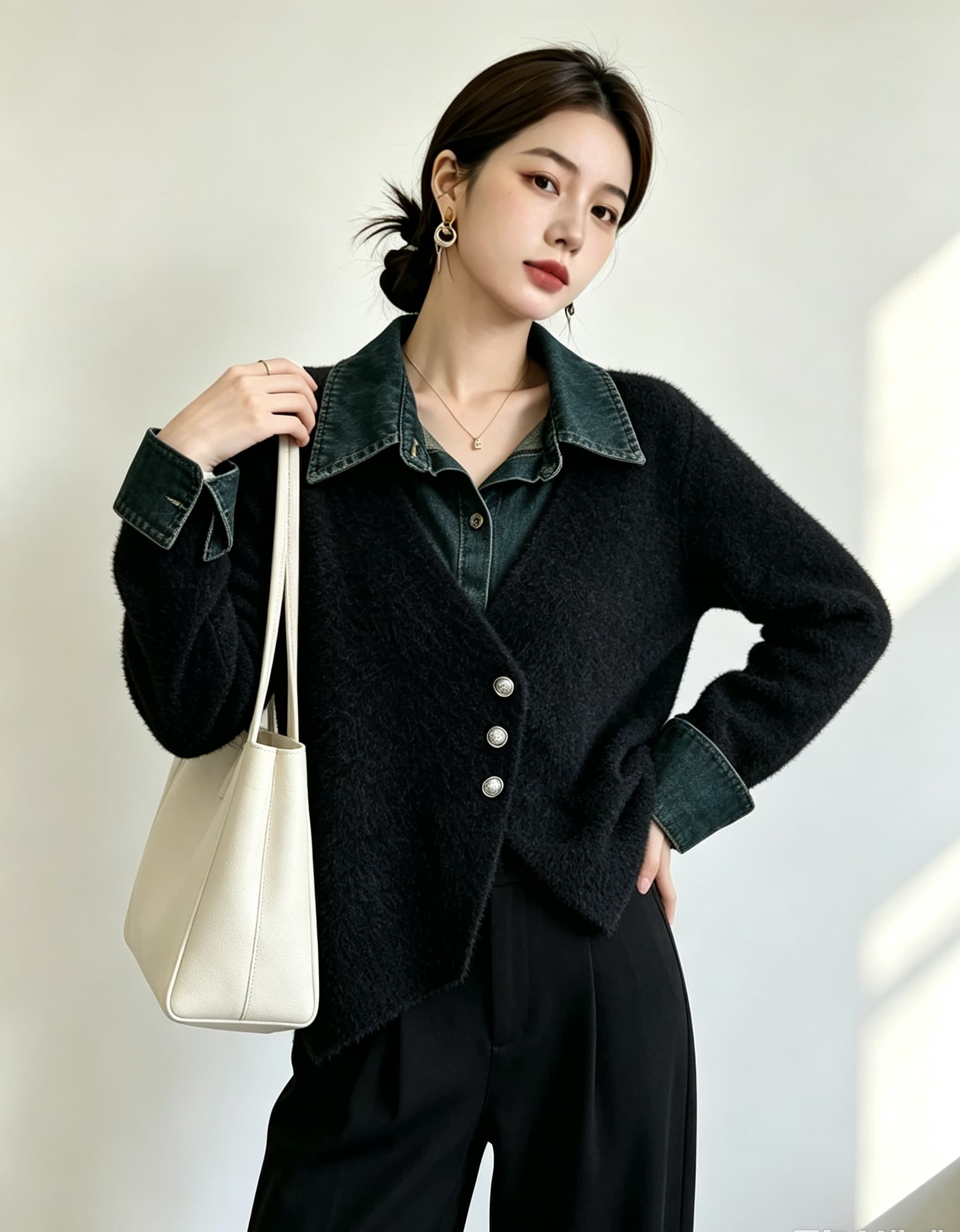 실사 빅 사이즈 여성 의류 가을 겨울 데님 패치워크 가짜 2 피스 슈트 스웨터 코트 작은 샤넬 스타일 모방 밍크 울 니트 스웨터 이미지 5