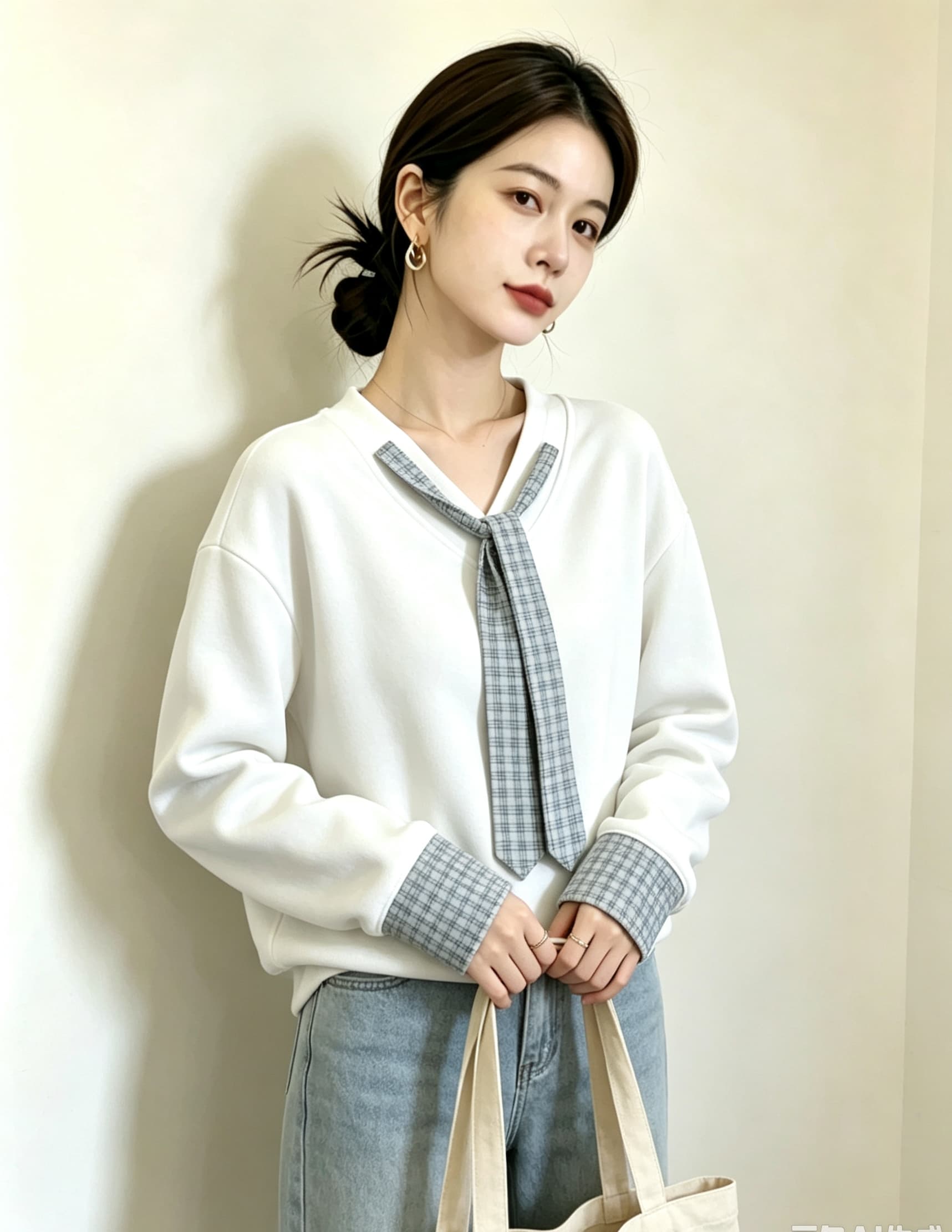 실사 빅 사이즈 지방 mm 새로운 디자인 센스 V넥 풀오버 체크무늬 넥타이 후드티 미니멀리즘 표지 고기 슬림해 보이는 맨위 상세 이미지 7