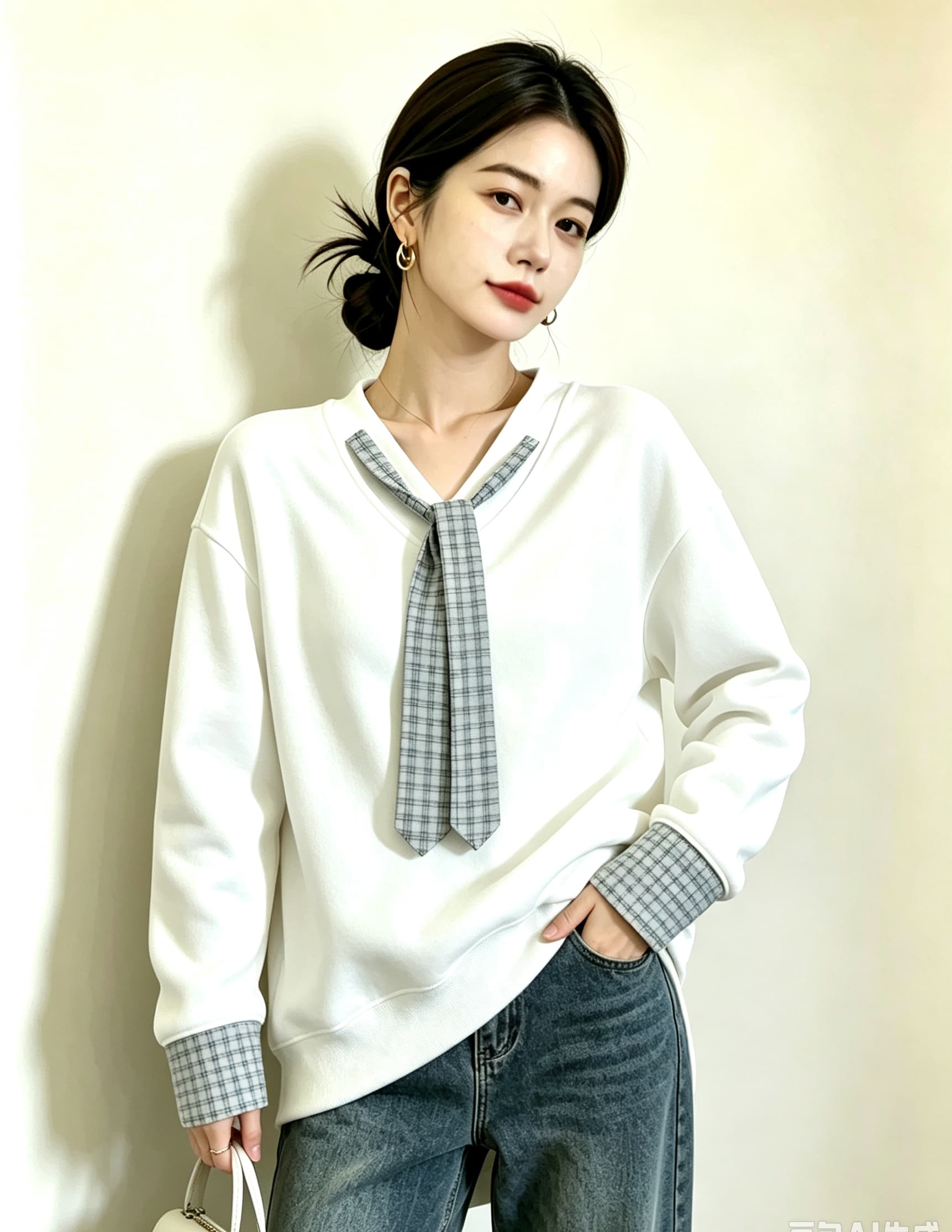 실사 빅 사이즈 지방 mm 새로운 디자인 센스 V넥 풀오버 체크무늬 넥타이 후드티 미니멀리즘 표지 고기 슬림해 보이는 맨위 상세 이미지 9