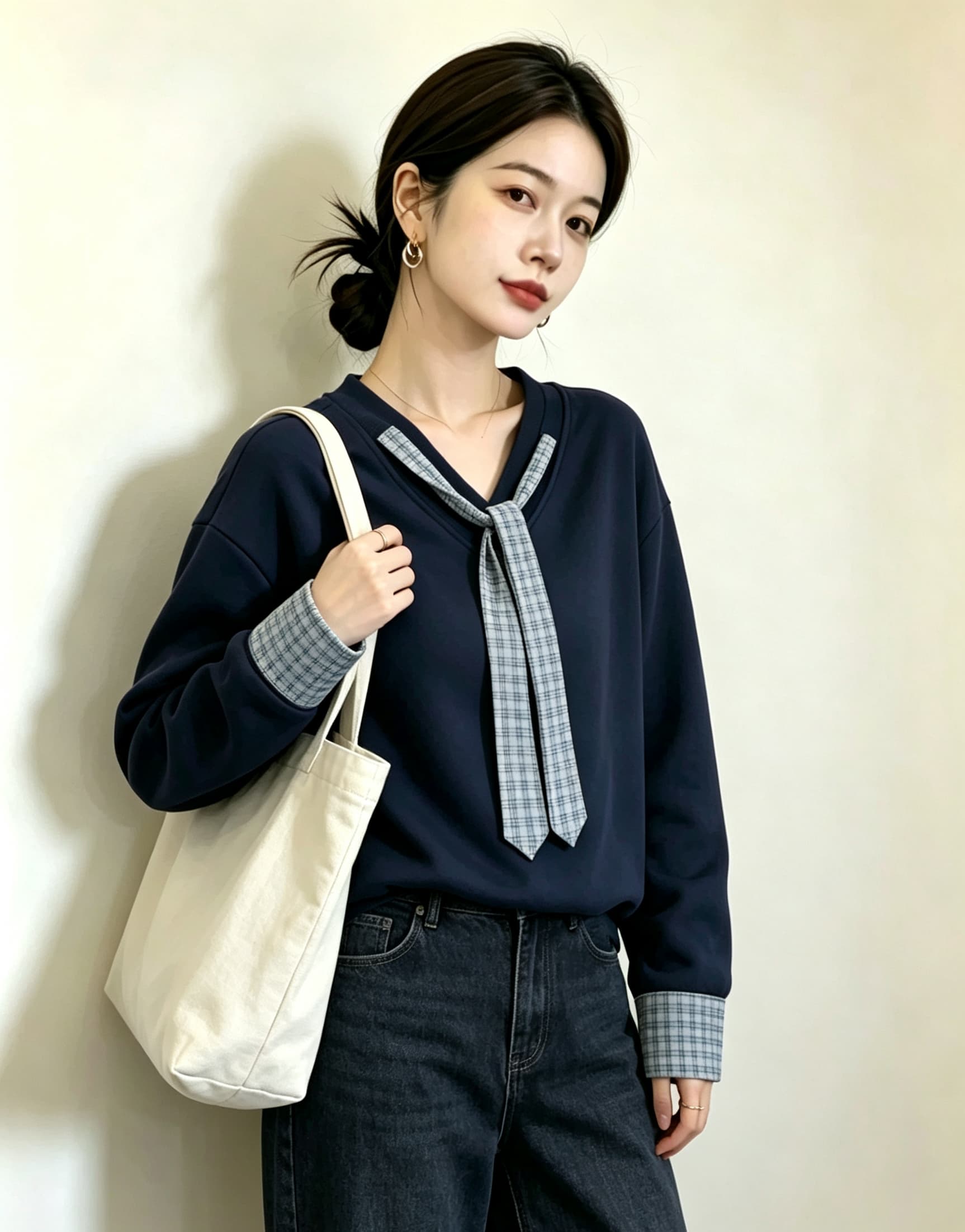 실사 빅 사이즈 지방 mm 새로운 디자인 센스 V넥 풀오버 체크무늬 넥타이 후드티 미니멀리즘 표지 고기 슬림해 보이는 맨위 상세 이미지 12