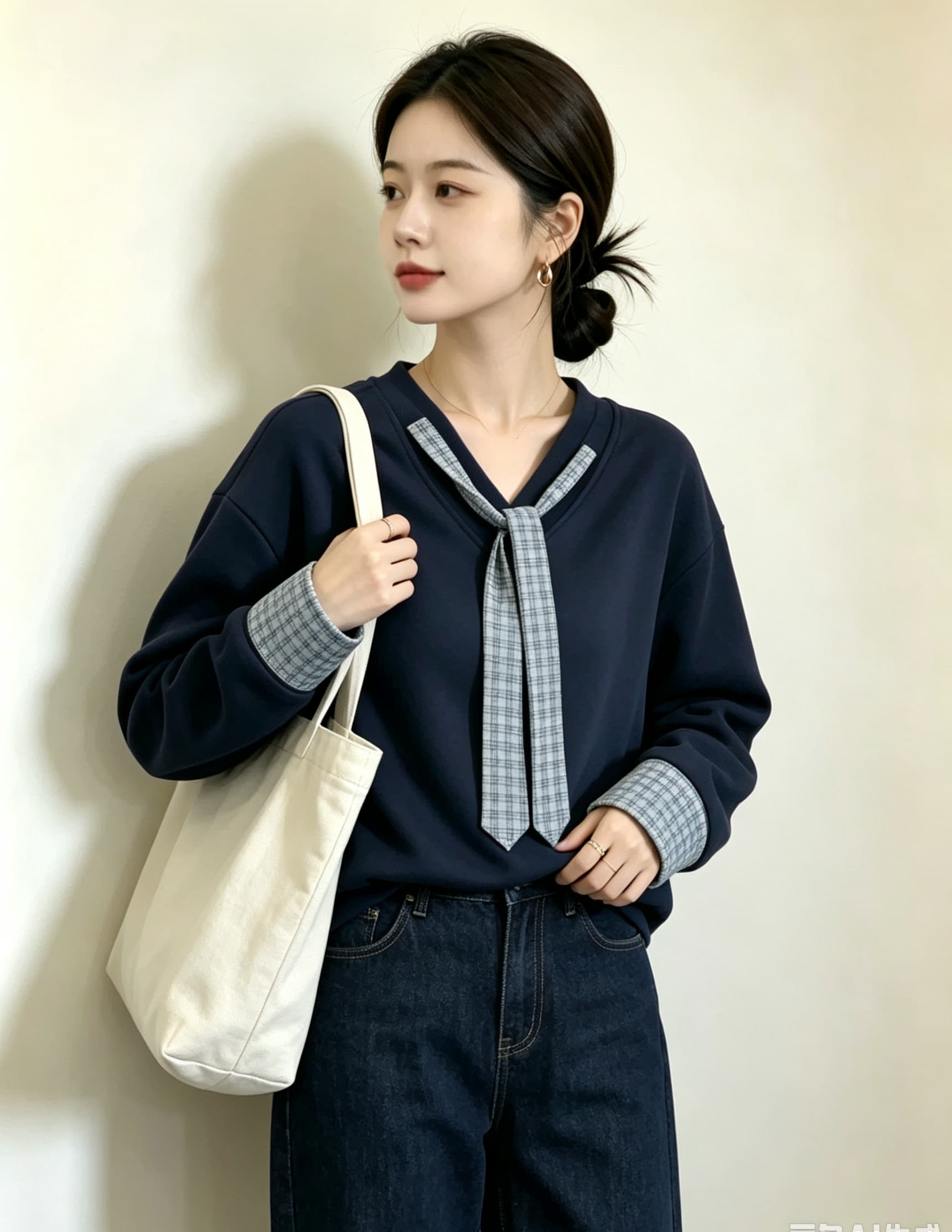 실사 빅 사이즈 지방 mm 새로운 디자인 센스 V넥 풀오버 체크무늬 넥타이 후드티 미니멀리즘 표지 고기 슬림해 보이는 맨위 상세 이미지 13