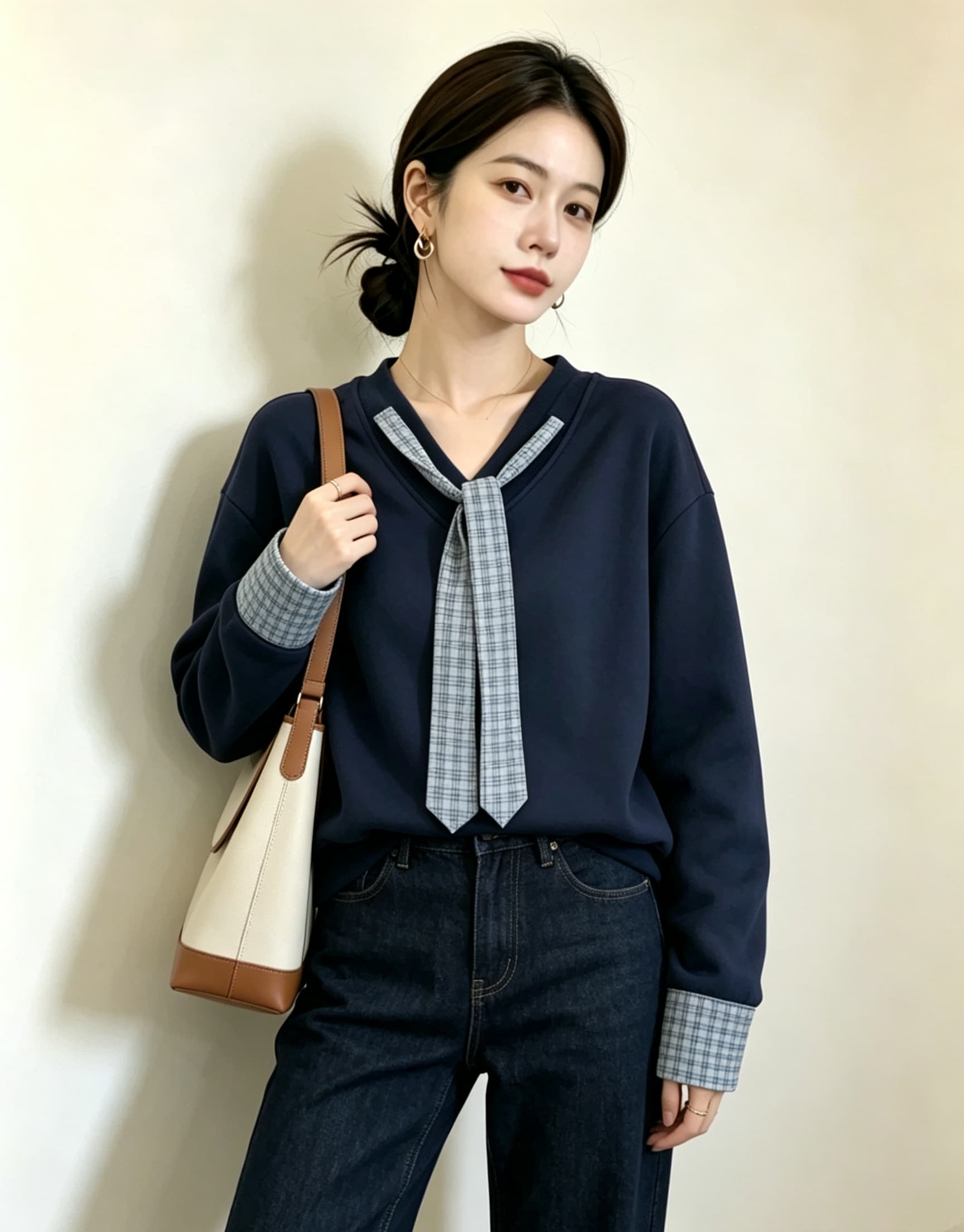 실사 빅 사이즈 지방 mm 새로운 디자인 센스 V넥 풀오버 체크무늬 넥타이 후드티 미니멀리즘 표지 고기 슬림해 보이는 맨위 상세 이미지 15