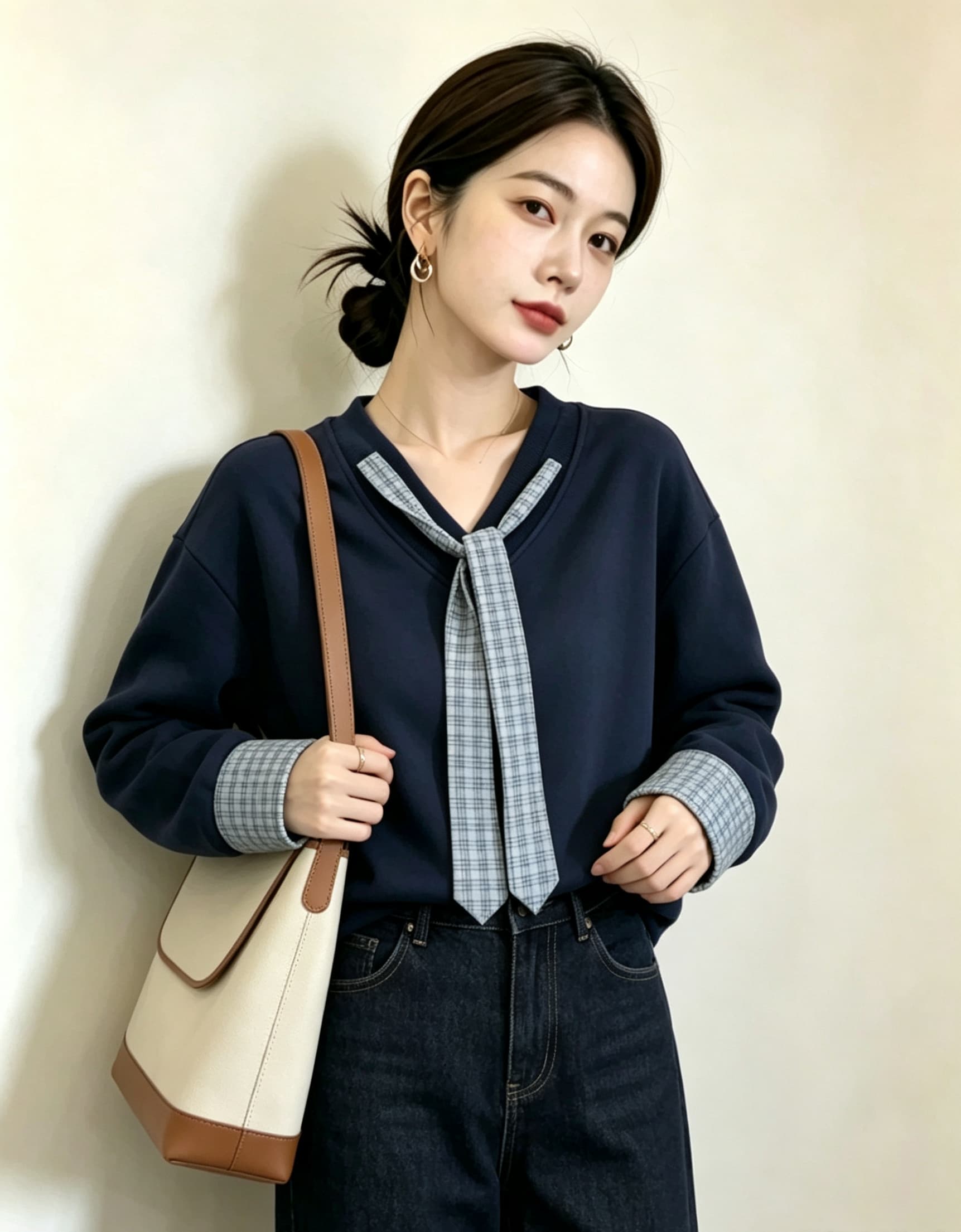 실사 빅 사이즈 지방 mm 새로운 디자인 센스 V넥 풀오버 체크무늬 넥타이 후드티 미니멀리즘 표지 고기 슬림해 보이는 맨위 상세 이미지 16