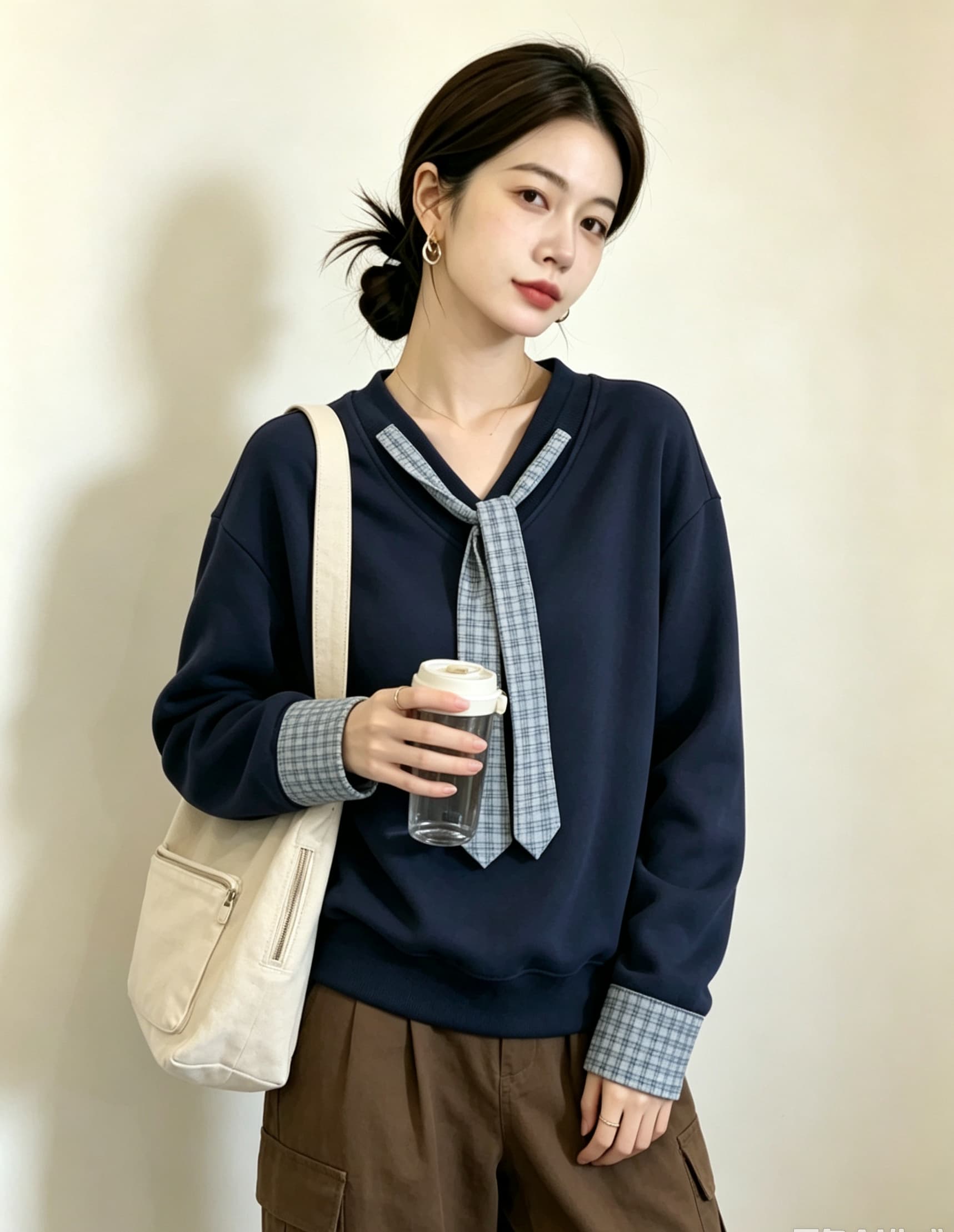 실사 빅 사이즈 지방 mm 새로운 디자인 센스 V넥 풀오버 체크무늬 넥타이 후드티 미니멀리즘 표지 고기 슬림해 보이는 맨위 상세 이미지 17